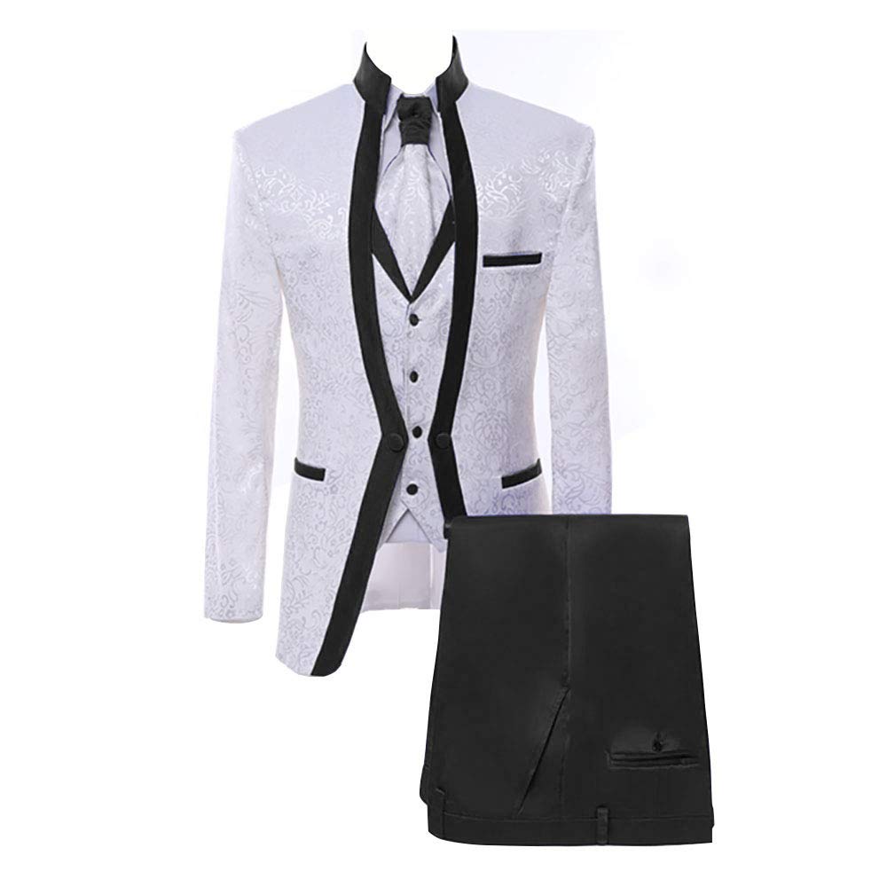 Premium Slim Fit White Floral Tuxedo Suit for Men - 3 Piece Wedding Groom Prom Suit Set with Paisley Design - Perfect for Formal Events, Evening Parties & Special Occasions