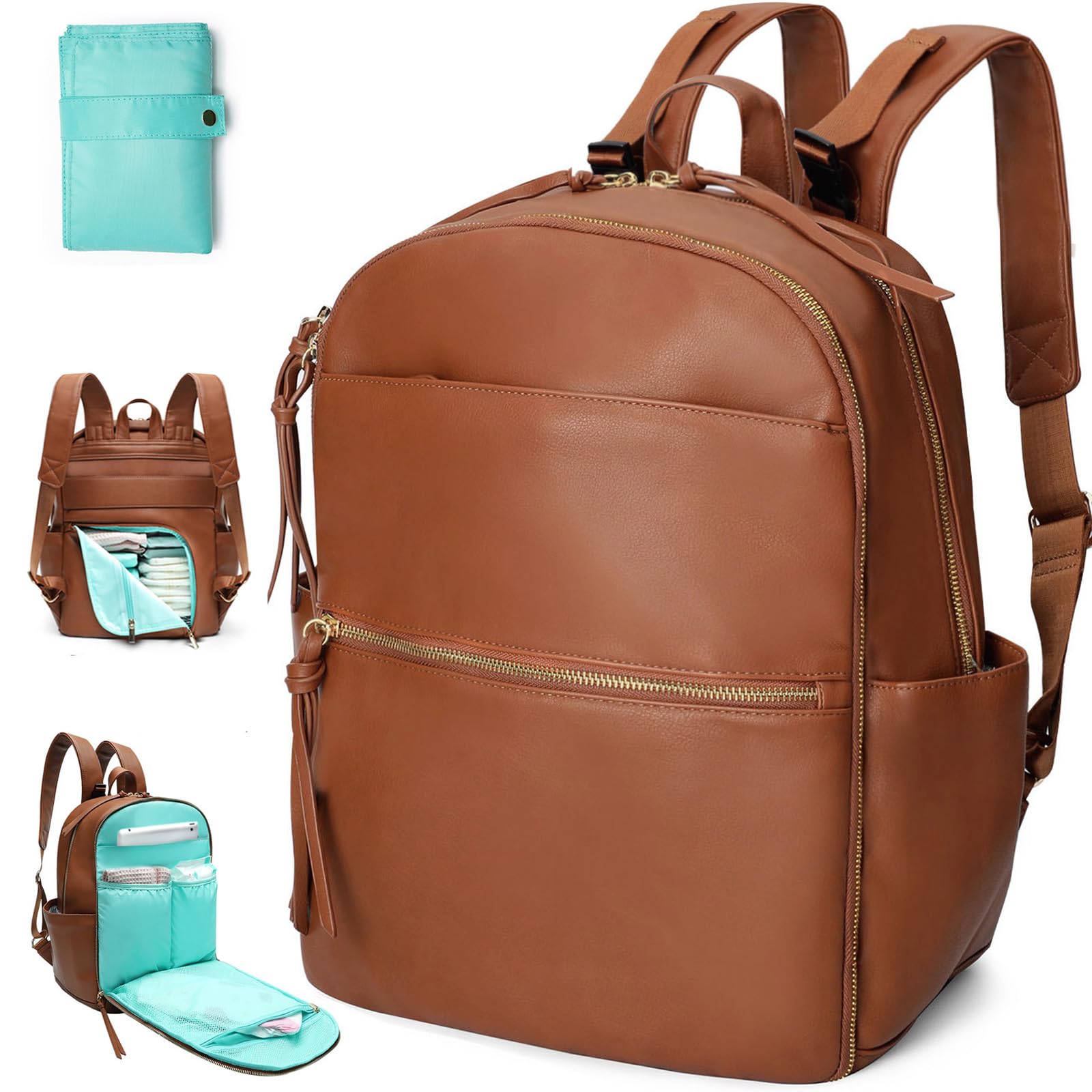 Premium Leather Diaper Backpack for Moms & Dads - 18 Pockets with 6 Insulated Compartments, Changing Pad & Stroller Straps - Large Capacity Baby Travel Bag for Outings, Daycare & Family Trips (Brown)