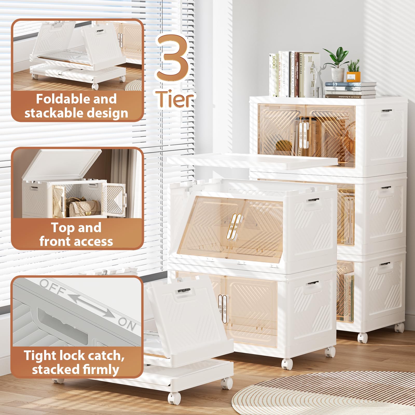 76QT Stackable Storage Bins with Wheels & Magnetic Lids - 3 Pack Plastic Storage Containers for Closet, Pantry, Home & Office Organization | Perfect for Seasonal Clothes, Toys, and Household Items Storage