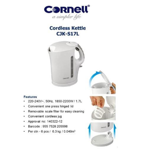 Cornell Electric Jug Kettle 1L CJKS17L - Fast Boiling Water Kettle for Coffee, Tea & Hot Drinks - Perfect for Home, Office & Dorm Use