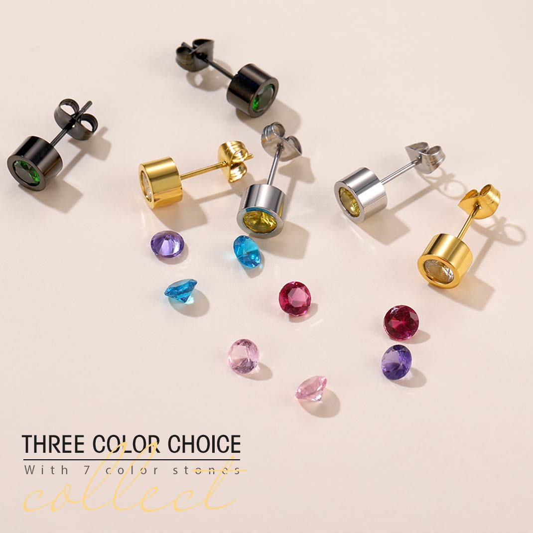 GoldChic Jewelry 5mm Cubic Zirconia Bezel Set Stud Earrings - 7 Pairs Stainless Steel Birthstone Earrings for Women, Interchangeable CZ Stone Studs | Perfect for Gifts, Parties & Everyday Wear