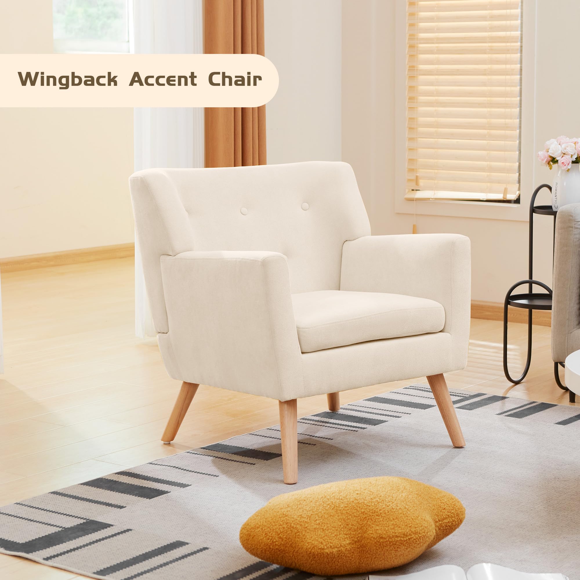 Prilinex Mid-Century Modern Accent Chair - Button Tufted Upholstered Armchair with Cushion, Comfortable Fabric Living Room & Bedroom Chair in Beige | Perfect for Reading Nooks, Lounge Areas & Waiting Rooms
