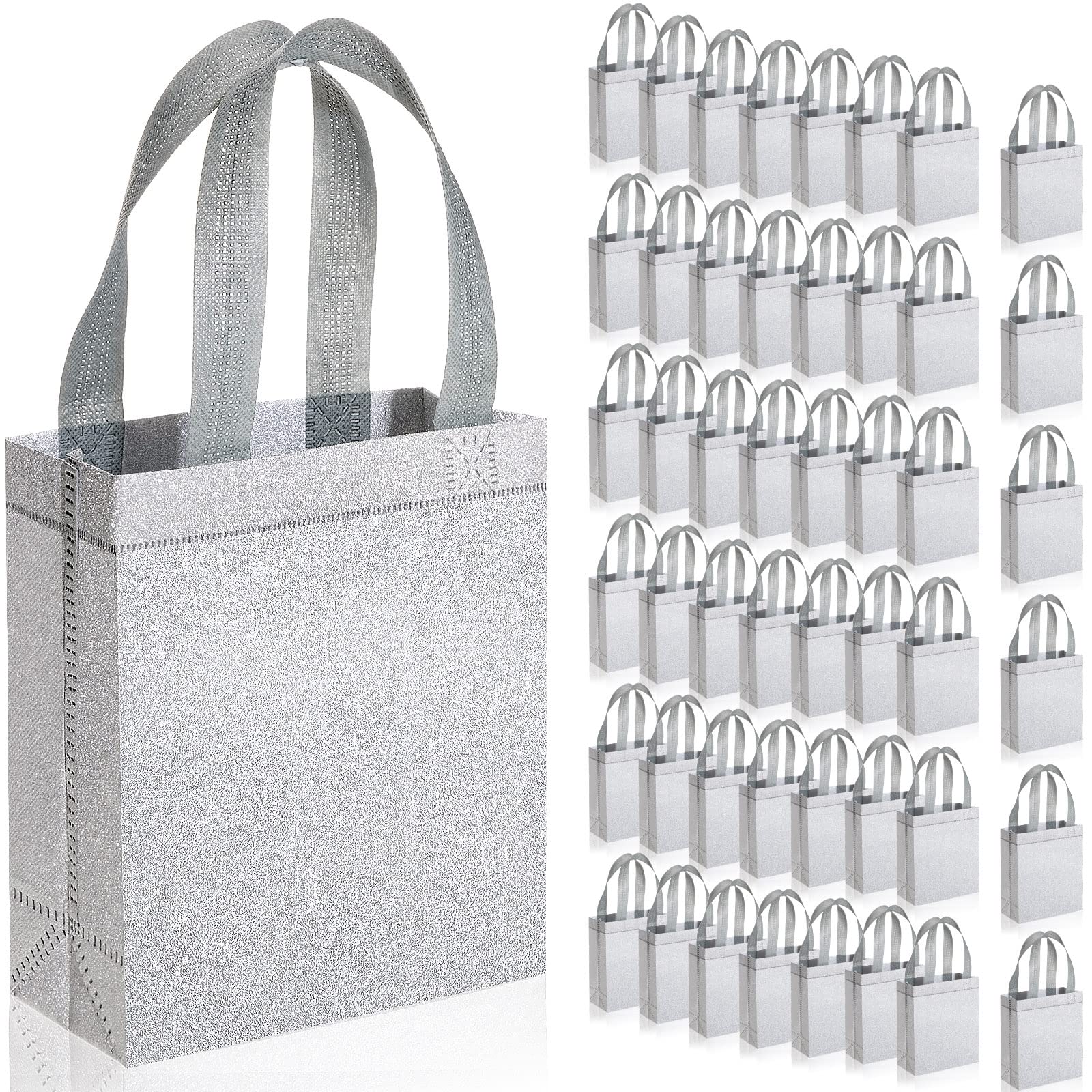 48 Pack Silver Glitter Wedding Favor Bags with Handles - 6.5x3.1x7.8 Inch Reusable Non-Woven Tote Gift Bags for Wedding, Bridal Shower, Birthday Party, Holiday & Special Events - Elegant Party Favors & Goodie Bags