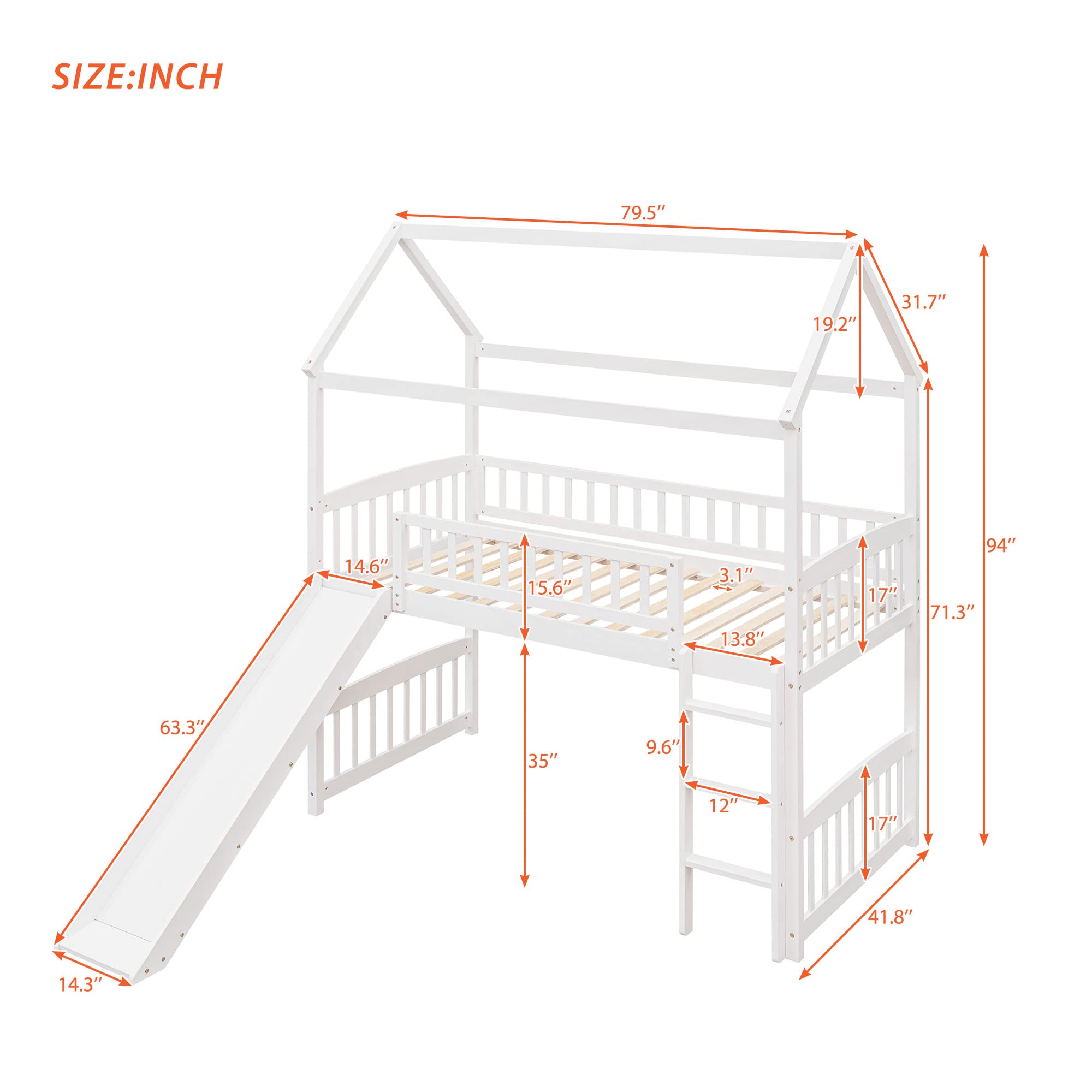 LZ LEISURE ZONE Twin Loft Bed with Slide - Sturdy Wood Loft Bed Frame for Kids, Teens & Adults - Twin Size House Style Bedroom Furniture - No Box Spring Needed - White - Perfect for Small Spaces, Kids' Rooms & Dorm Decor