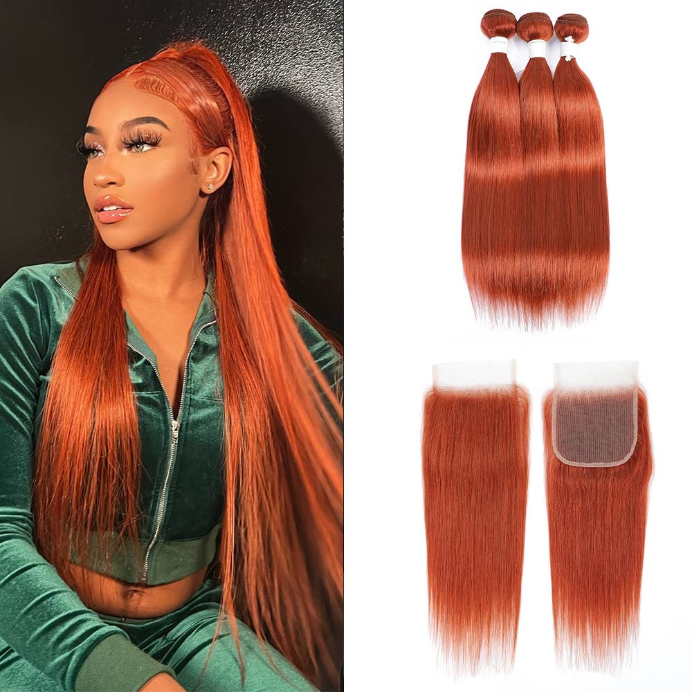 Brazilian Straight Remy Human Hair Bundles with 4x4 Transparent Lace Closure - Burnt Orange #350 (18 20 22 + C18) | Natural Looking Hair Extensions for Daily Wear, Parties & Special Occasions