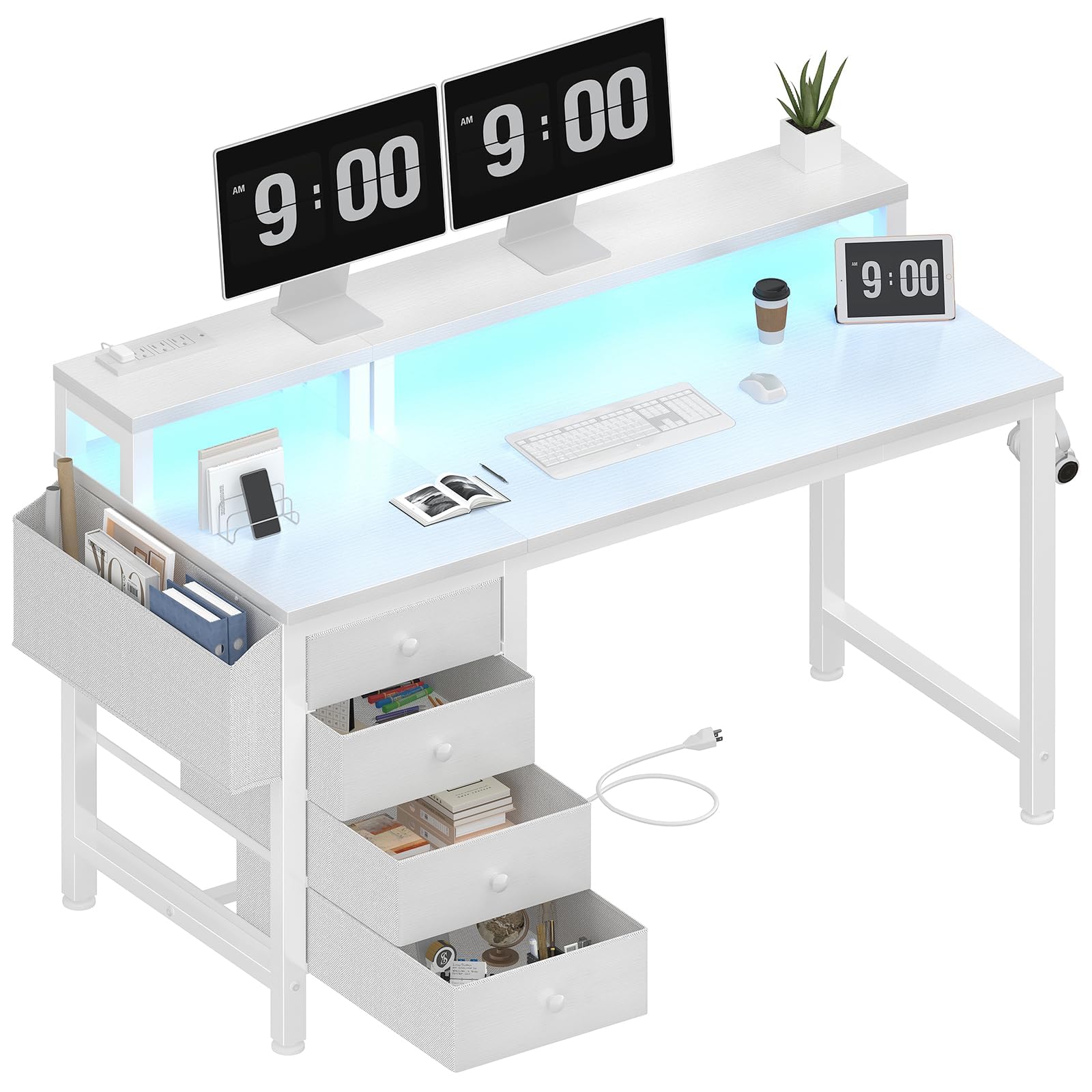 Lufeiya 47-inch White Gaming Desk with 4 Drawers, Monitor Stand & LED Lights - Reversible Computer Desk with Power Outlets, Storage Bag & Fabric Drawers for Home Office, Bedroom - Perfect for Gaming Setup, Workstation & Small Space Organization
