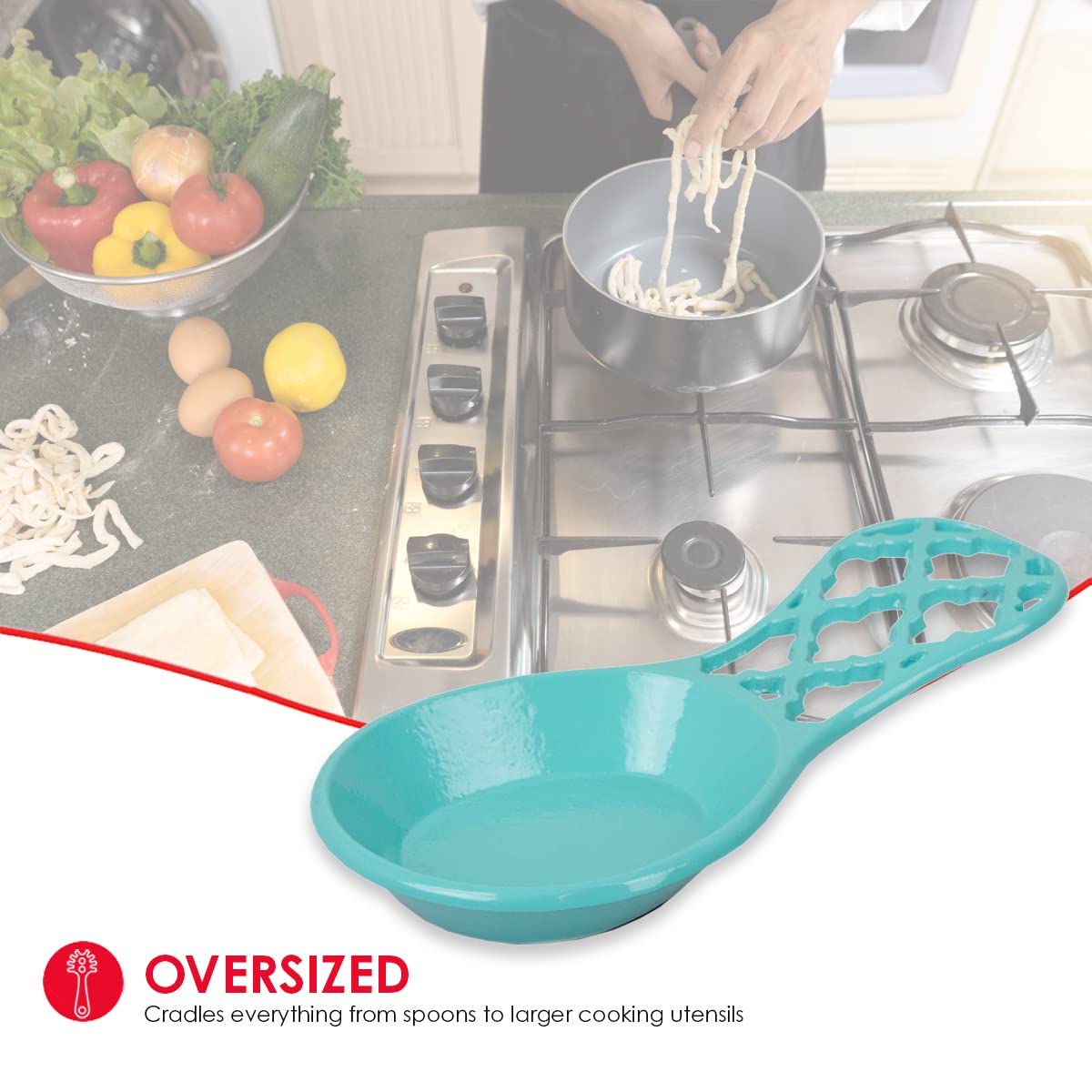 Home Basics Lattice Collection Cast Iron Spoon Rest - Turquoise - Heat Resistant Kitchen Utensil Holder for Cooking, Serving & Dining Decor