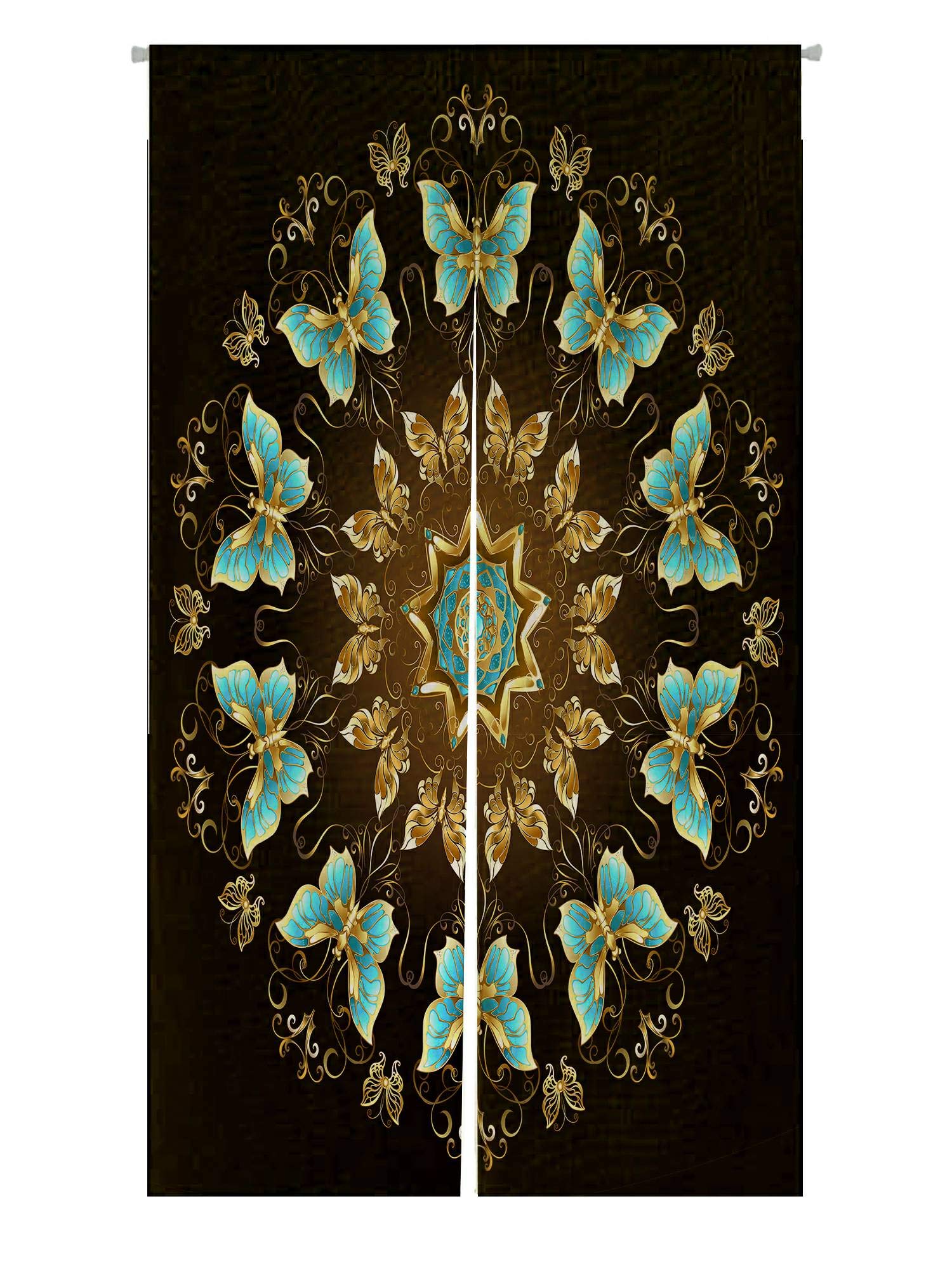 ECZJNT Gold & Turquoise Butterfly Mandala Japanese Noren Curtain - 85x150cm Cotton Linen Door & Window Treatment - Perfect for Doorways, Room Dividers & Boho Home Decor
