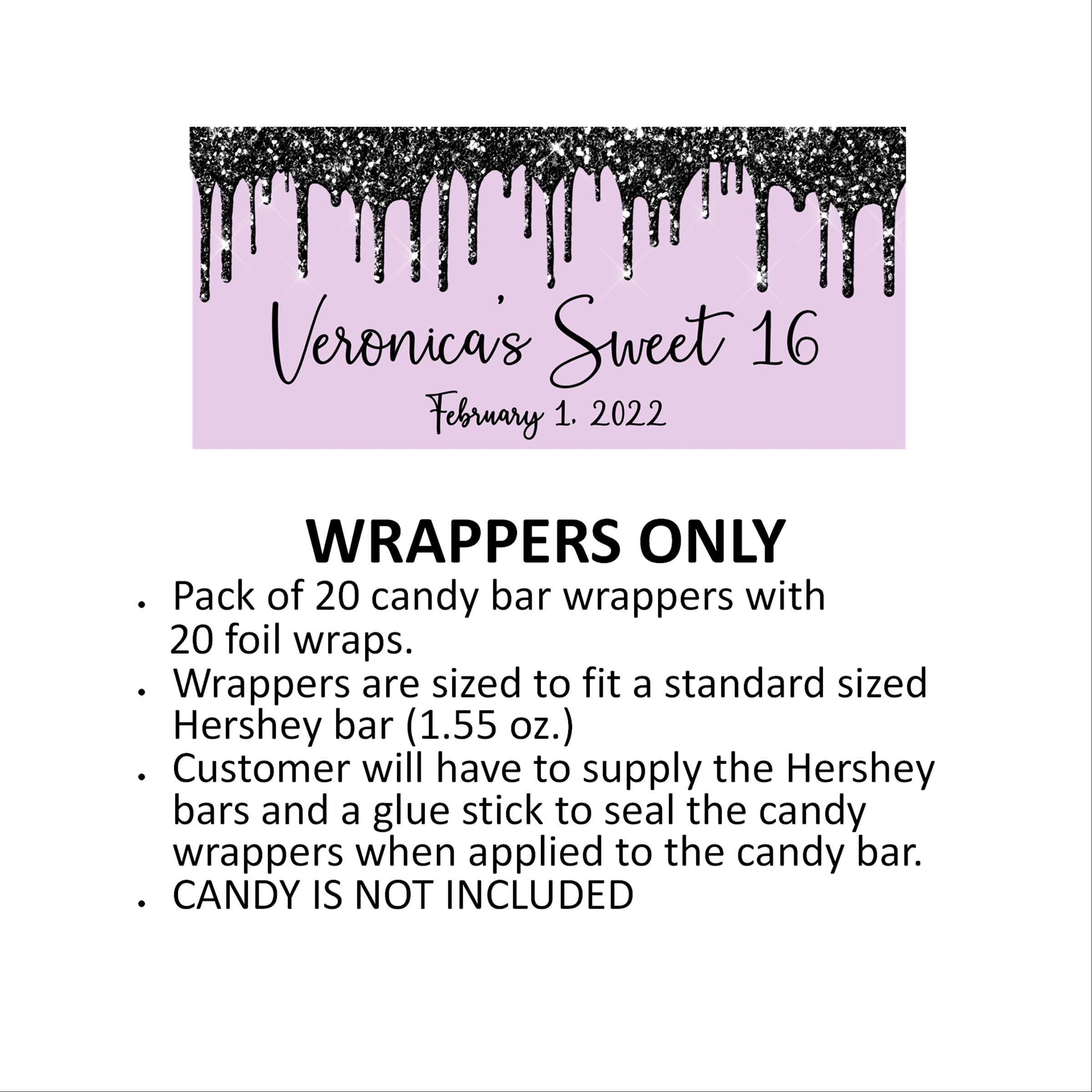 Personalized Glitter Drip Candy Bar Wrappers - 20 Pack Black & Lavender Chocolate Bar Labels for Birthday Parties, Baby Showers, Bridal Showers - Perfect for Wedding Favors, Gender Reveals & Special Events