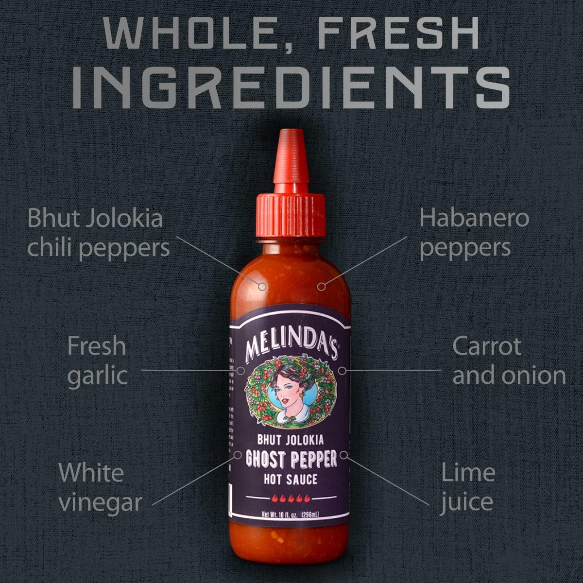 Melinda’s Ghost Pepper Hot Sauce – Extra Spicy Gourmet Hot Sauce with Fresh Ghost Peppers (Bhut Jolokia), Habanero, Carrot, Garlic & Lime Juice – 10oz Squeeze Bottle (1 Pack) – Perfect for Wings, Tacos, Burgers & Spicy Food Lovers