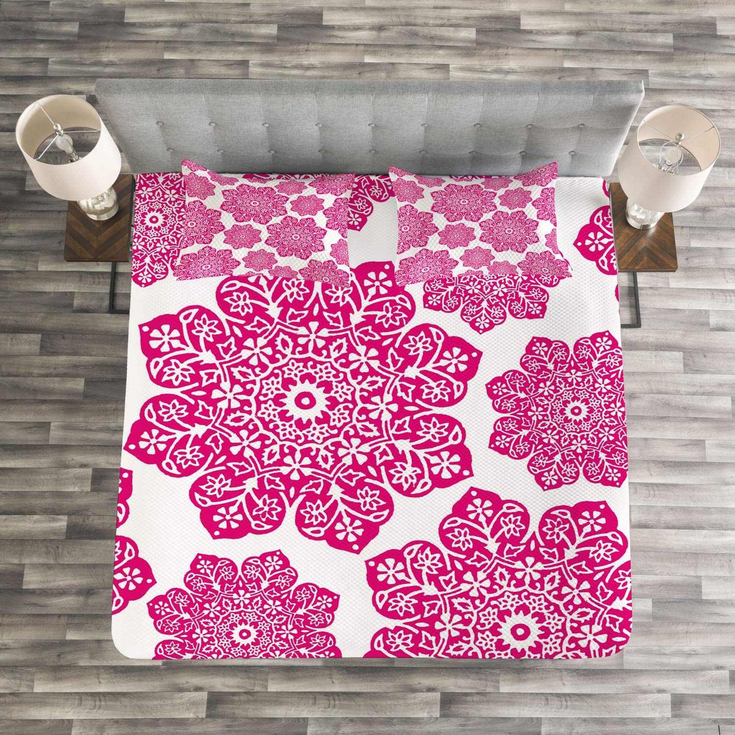 Ambesonne King Size 3-Piece Hot Pink Bedspread Set with Batik Floral Mandala Design - Eastern Inspired Bedding Coverlet & 2 Pillow Shams in White & Pink | Perfect for Bohemian Bedroom Decor, Guest Room Makeover, or Meditation Space Accent