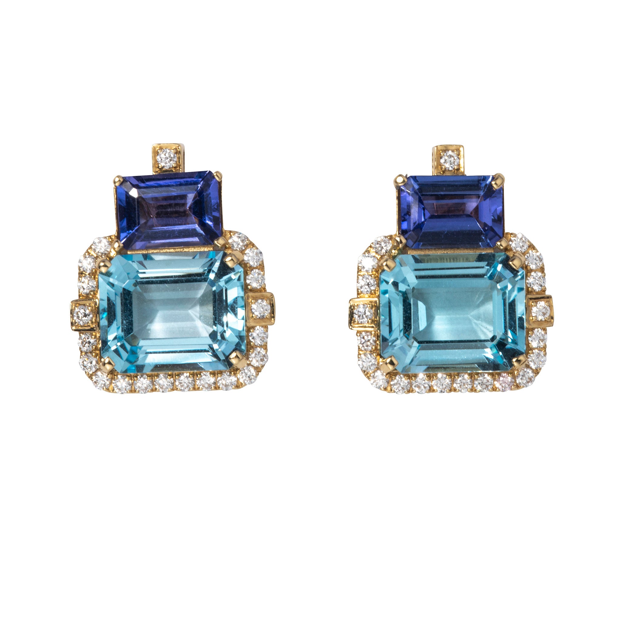 Goshwara 2 Stone Blue Topaz & Tanzanite 18K Gold Earrings for Women - Luxury Dangle Earrings for Wedding, Party & Special Occasions