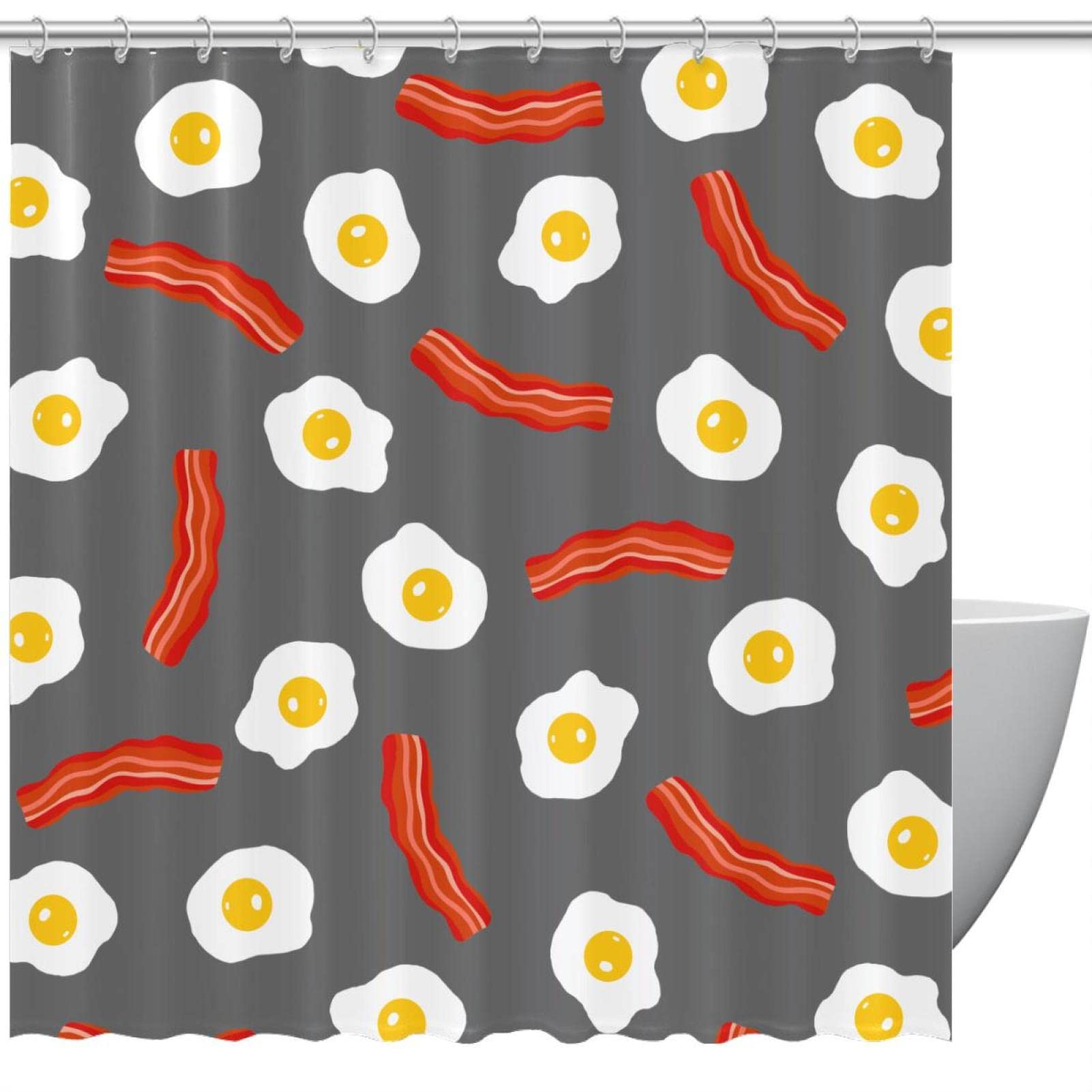 Farmhouse Fabric Shower Curtain with Poached Egg & Bacon Cartoon Design - Grey Bathroom Decor for Rustic & Modern Homes - Perfect for Farmhouse, Vintage, or Contemporary Bathroom Styles