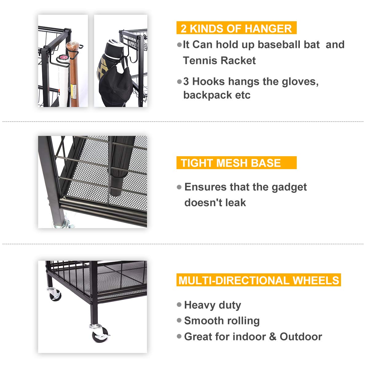 Kinghouse Steel Black Garage Sports Equipment Organizer - Ball Storage Rack & Rolling Cart for Basketball, Soccer, Football | Perfect for Garage, Basement & Backyard Organization