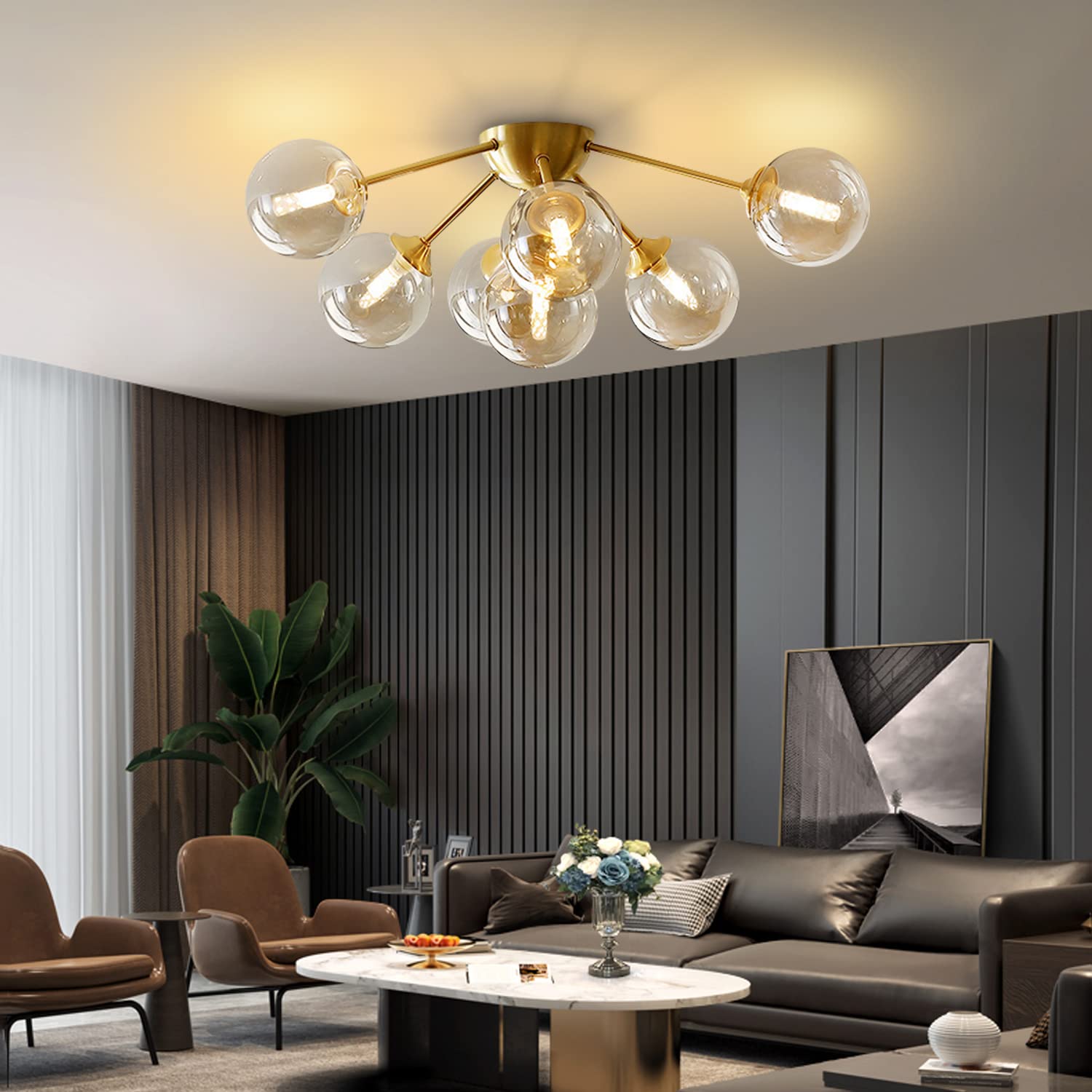 7-Lights Amber Glass Flush Mount Ceiling Light - Brushed Gold Globe Chandelier - Mid Century Modern Fixture for Living Room, Bedroom, Dining Room & Hallway - Warm Ambient Lighting for Home Decor