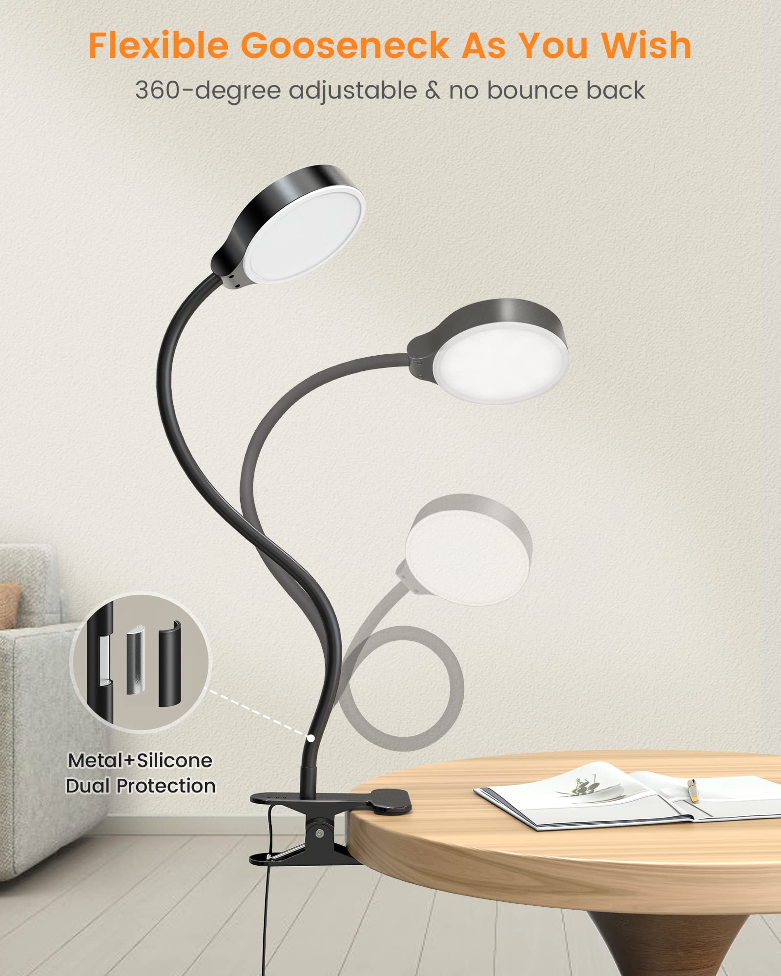 Glocusent 5W Clip-On Reading Light with 36 LED Eye-Caring Bulbs - 3 Color Modes & 5 Brightness Levels - Adjustable Clamp Light for Bed, Bunk Bed, Headboard, Desk - Perfect for Night Reading, Studying, and Working in Low Light