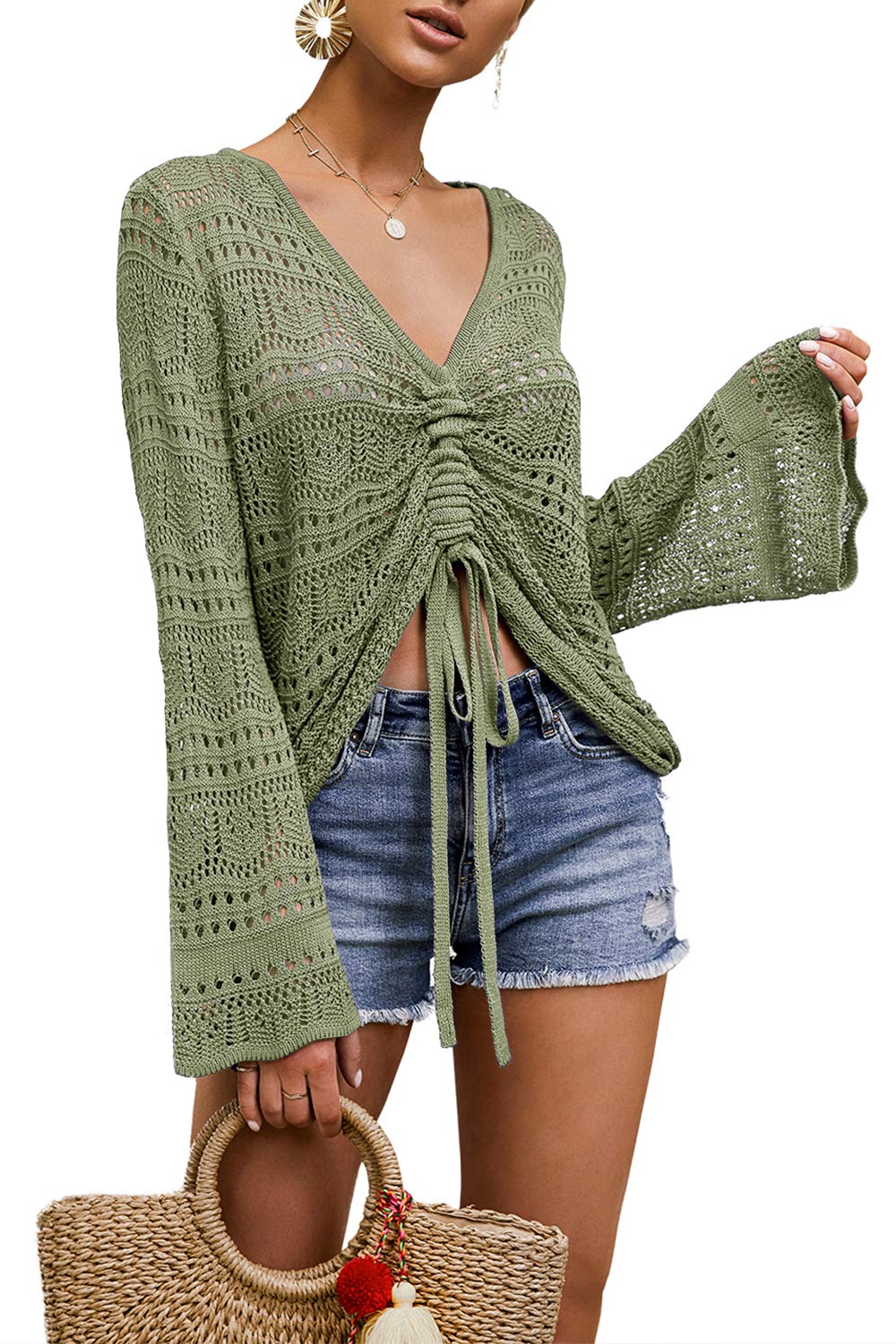 Saodimallsu Women's Boho Off Shoulder Sheer Crop Top - Bell Sleeve Flowy Oversized Crochet Ruched Pullover Sweater for Casual Outings & Beach Vacations