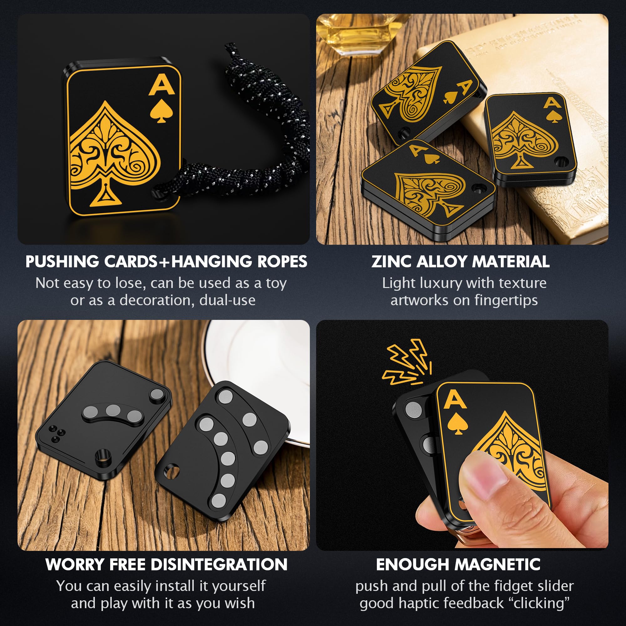 Metal Fidget Slider Toy for Adults - Magnetic Poker Push Card for Anxiety Relief, Stress Reduction & ADHD Focus - Cool EDC Desk Gadget for Office, Home & Travel (Black)