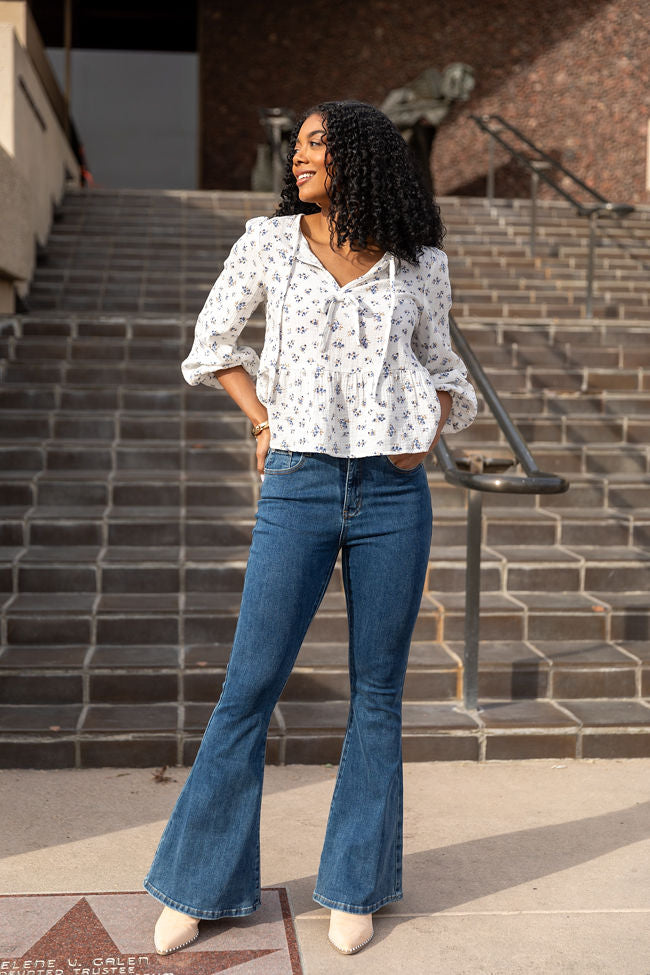 Elegant Ivory & Blue Bow Detail Floral Blouse for Women | Romantic Spring Summer Top | Perfect for Date Night, Office Wear & Special Occasions