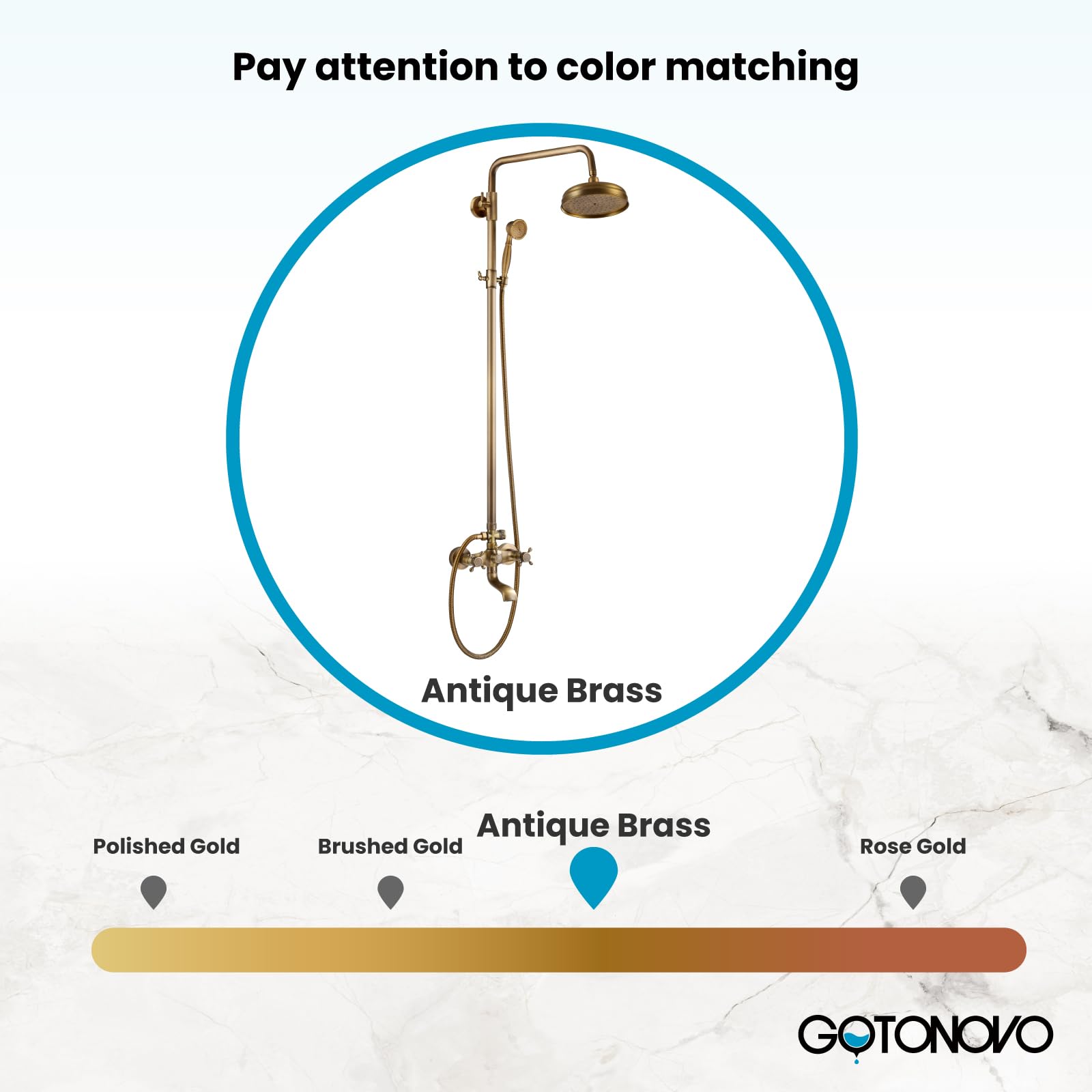 Gotonovo 8 Inch Round Rain Shower Head with Double Cross Handle & Tub Spout - 3 Function Wall Mounted Bathroom Shower Faucet Set in Antique Brass - Perfect for Modern & Vintage Bathroom Renovations