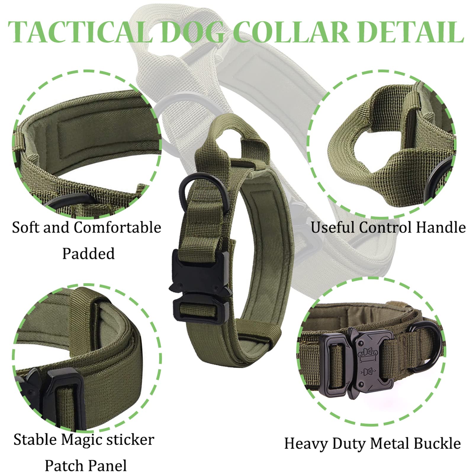 Tactical Dog Collar - Heavy Duty Adjustable Nylon Military Collar with Metal Buckle & Handle for Medium & Large Dogs - Perfect for Training, Hiking & Outdoor Adventures (Green, Medium)