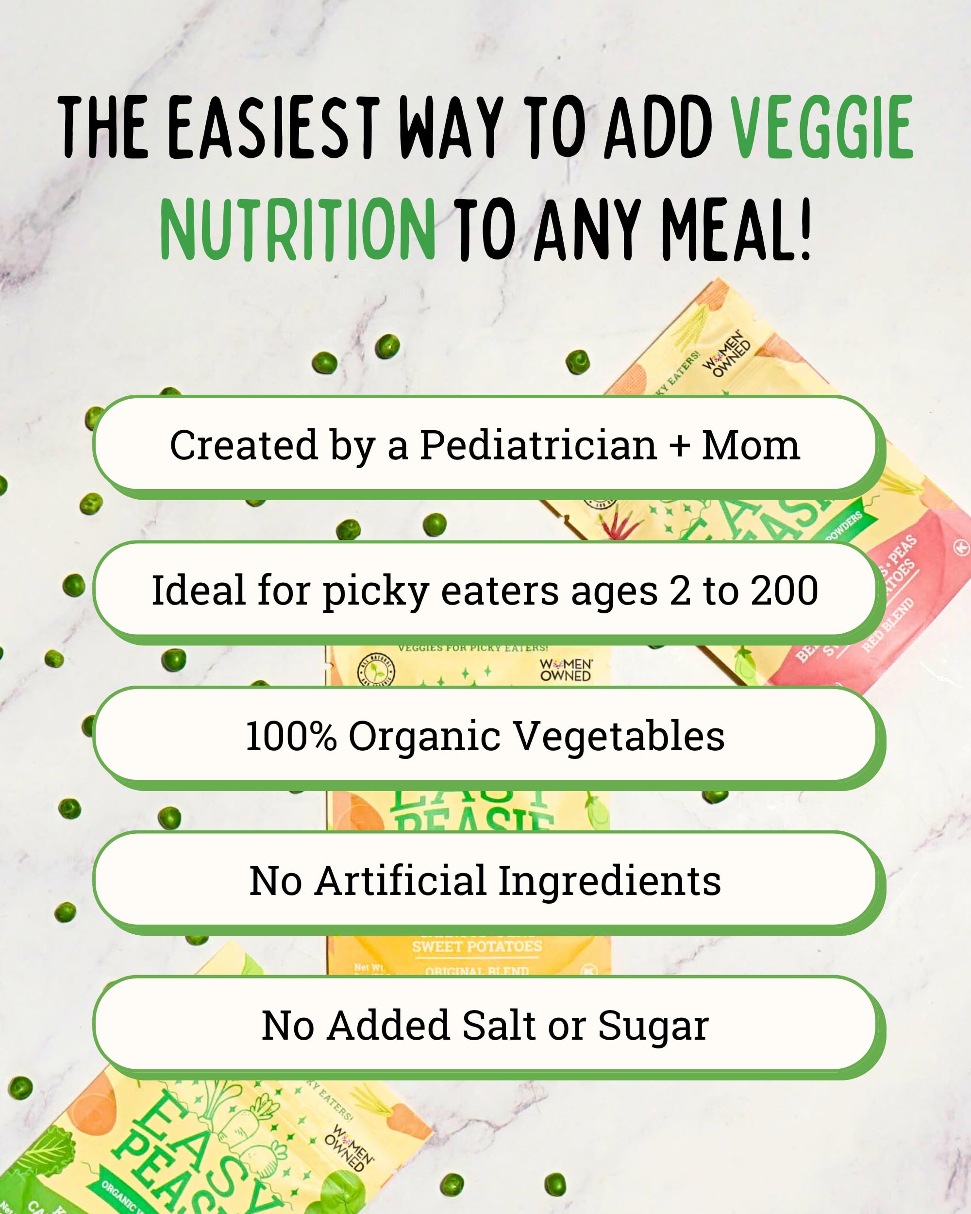 Organic Veggie Powder for Kids - Easy Peasie Greens Blend with Pea Protein, Spinach & Kale | Nutrient-Rich Vegetable Supplement for Picky Eaters (5oz Pouch) | Perfect for Smoothies, Baking & Healthy Snacks