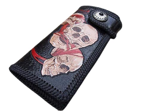 Handmade 3D Genuine Leather Biker Wallet - Custom Engraved Skull Design, Personalized Long Wallet for Men - Perfect for Motorcycle Riders, Gift Giving & Everyday Use
