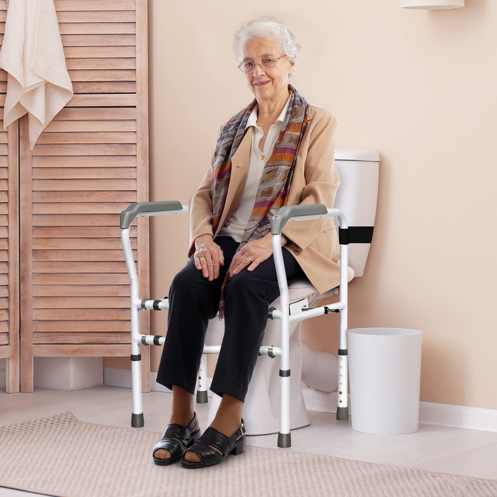 Adjustable Toilet Safety Rail - 300lbs Capacity Rotatable Bathroom Armrest with Clip, Height & Width Assist Frame for Elderly & Disabled - Ideal for Commode Handrails & Grab Bars - Perfect for Bathroom Safety & Mobility Support
