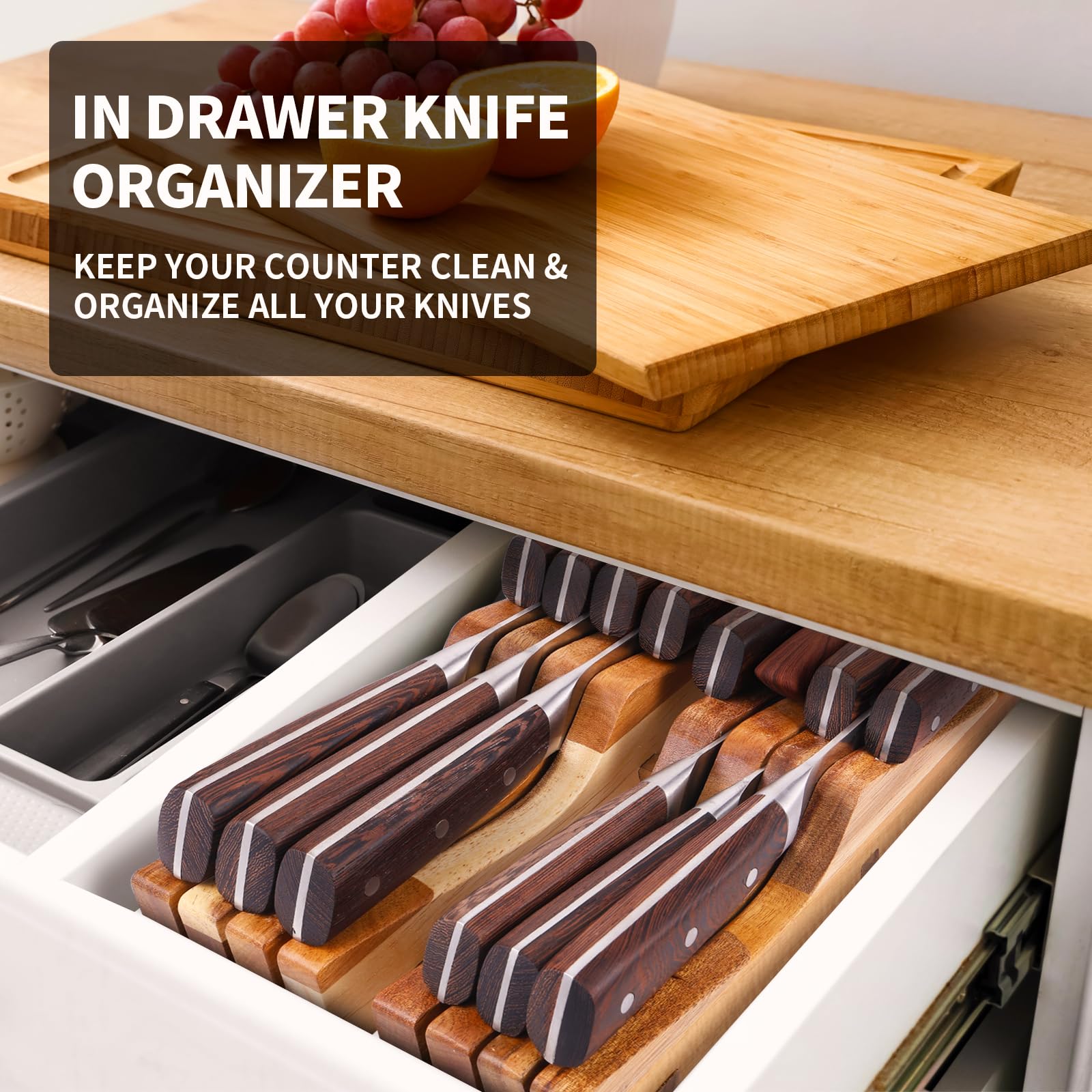 Premium Acacia Wood Knife Drawer Organizer - Holds 16 Knives & Honing Steel (Not Included) - Space-Saving Kitchen Knife Storage for Steak Knives, Chef Knives, Paring Knives - Washable & Durable - Perfect for Home Kitchens, Restaurants & RV Cooking