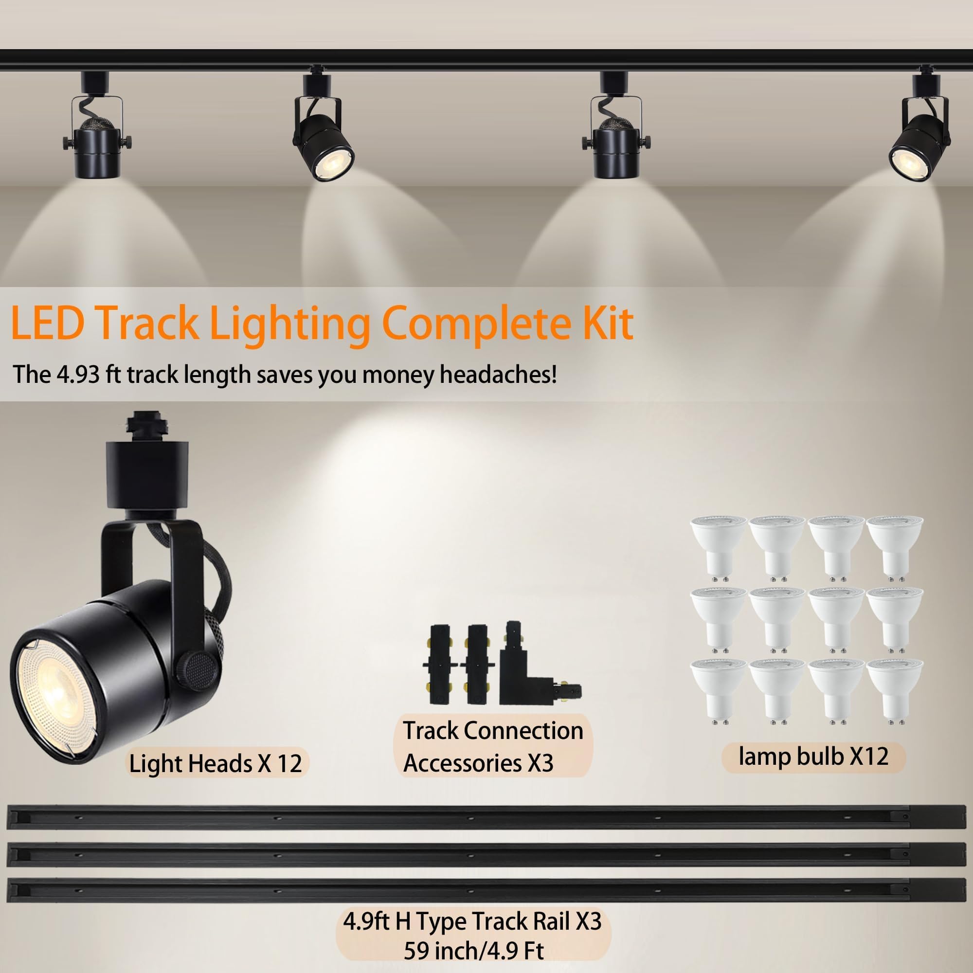 Dimmable GU10 LED Track Lighting Kit with 3x4.92ft H-Type Rails & 12 Pack 4000K Natural White Bulbs - Energy Efficient Ceiling Spotlight Fixture for Home, Office, and Retail Lighting