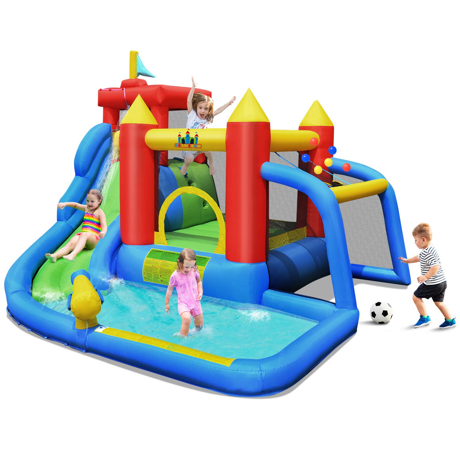 BOUNTECH 7-in-1 Inflatable Water Slide Park with Football Gate & Splash Pool - Giant Bounce House for Kids & Adults - Backyard Water Slides for Summer Outdoor Fun - Perfect Birthday Gift & Party Entertainment