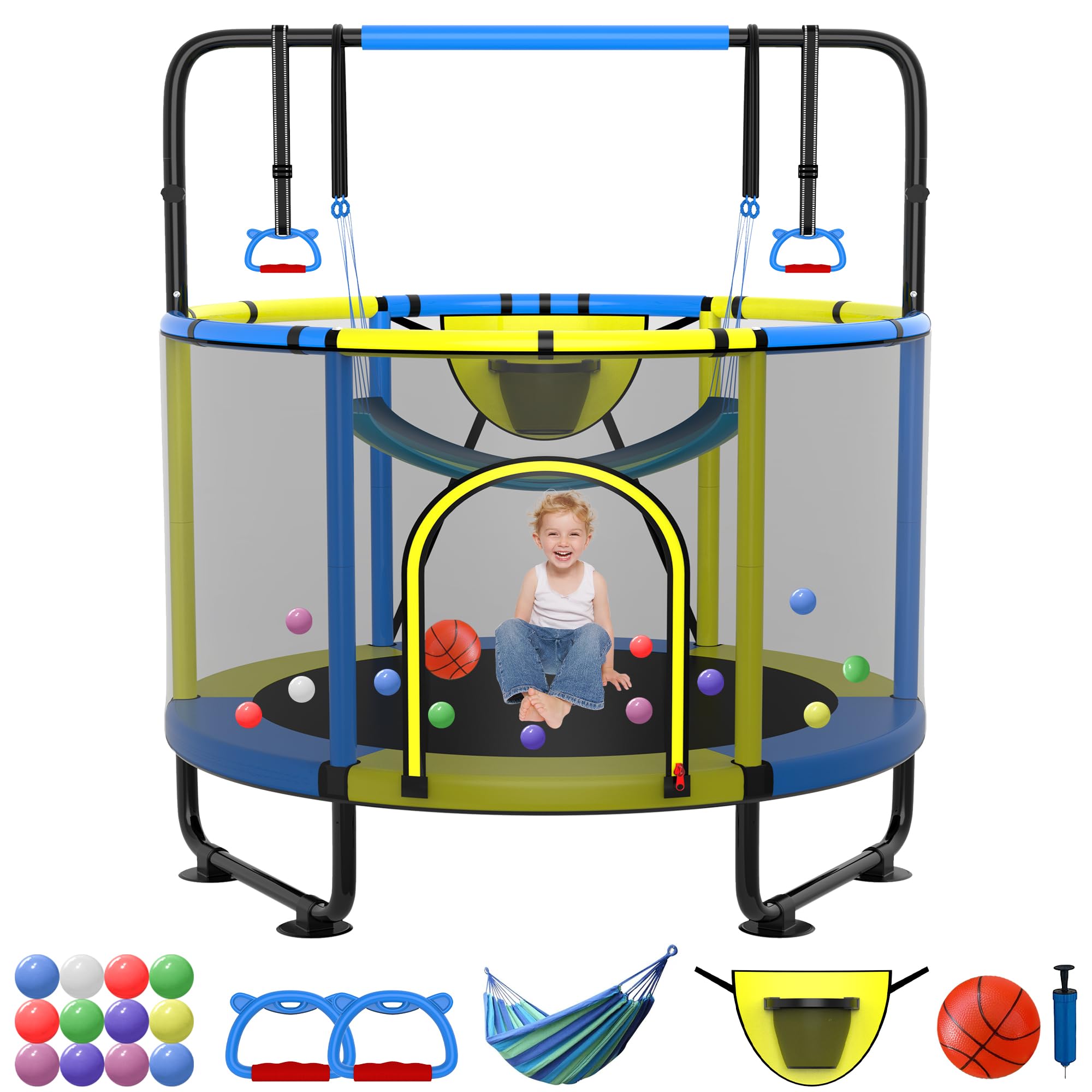 SKYUP 4.5/5/5.5FT Kids Trampoline with Safety Net - 400LB Capacity Toddler Trampoline Set with Swing, Adjustable Gymnastics Bars & Basketball Hoop - Indoor/Outdoor Mini Trampoline for Boys & Girls Ages 1-8 | Perfect Birthday Gift & Backyard Play Equipment