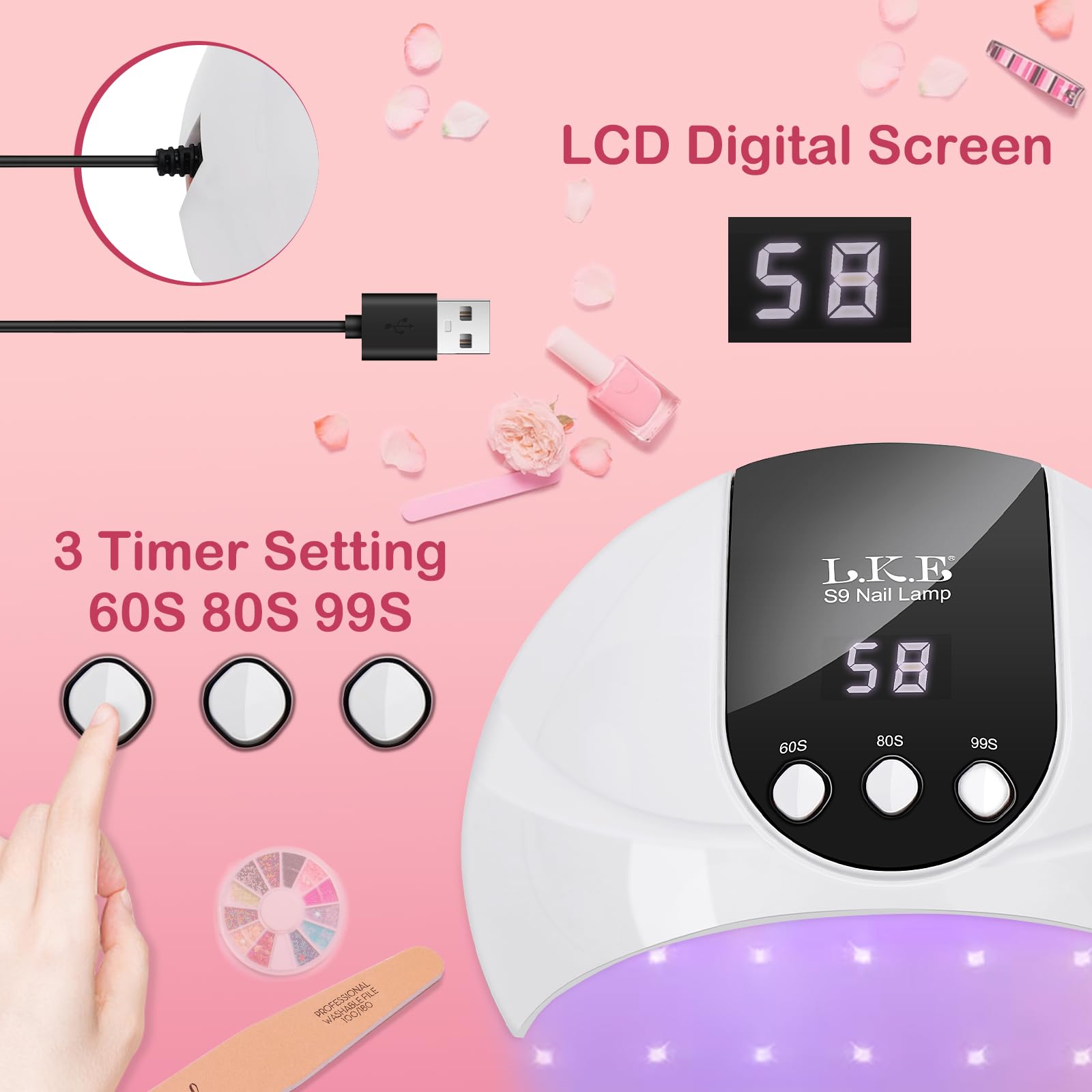 54W UV LED Nail Dryer Lamp with Auto Sensor, 3 Timer Settings & LCD Screen - Fast Curing for Gel Nails - USB Powered Portable Nail Lamp for Home Salon & Professional Use