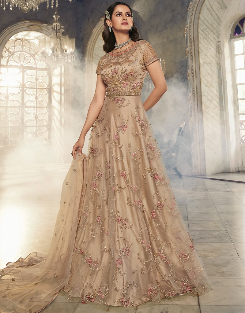 Elegant Beige Anarkali Semi Stitched Suits for Women | Traditional Indian Ethnic Wear | Perfect for Weddings, Festivals & Special Occasions