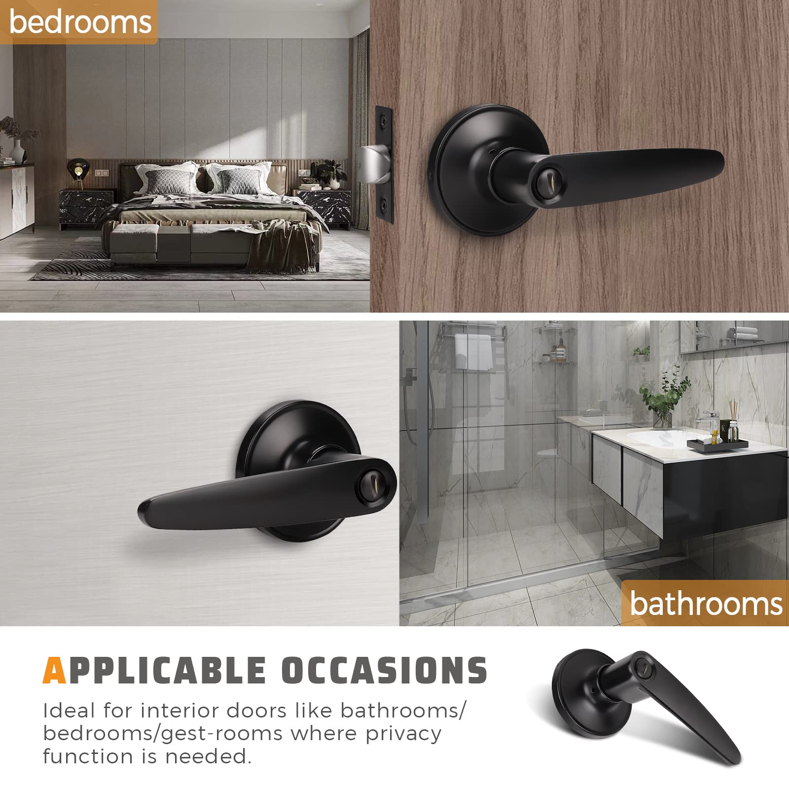 KNOBWELL 5-Pack Black Door Lever with Lock - Reversible for Home Privacy & Security