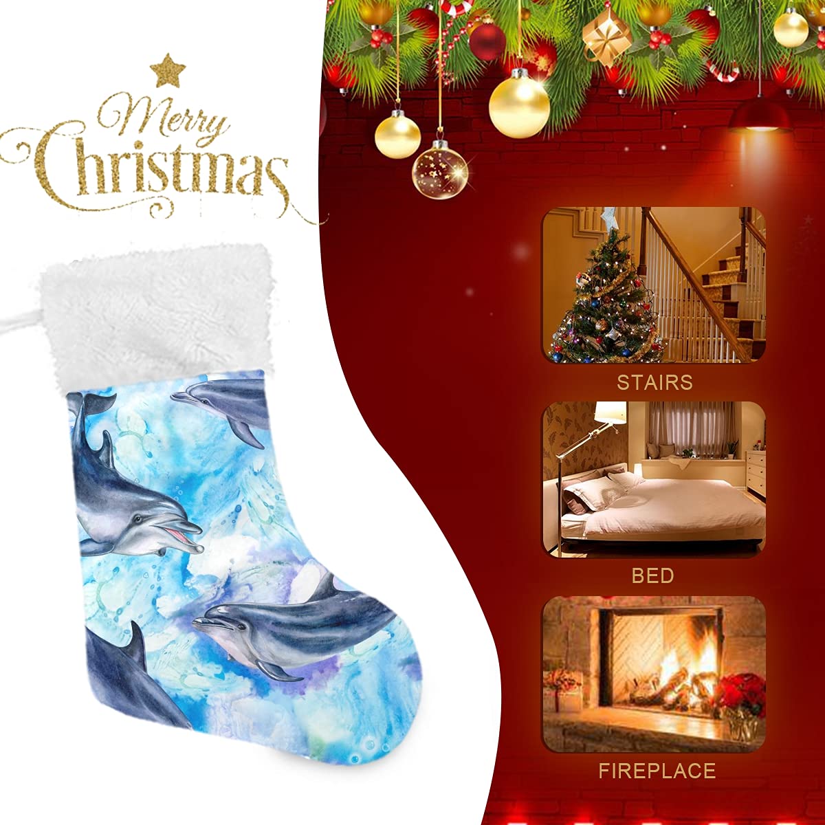DOMIKING Personalized Large Christmas Stocking - Sea Blue Dolphins Design, Classic Holiday Decor for Family, Party & Festive Season | Perfect for Fireplace Mantel, Gift Exchange & Xmas Decorations