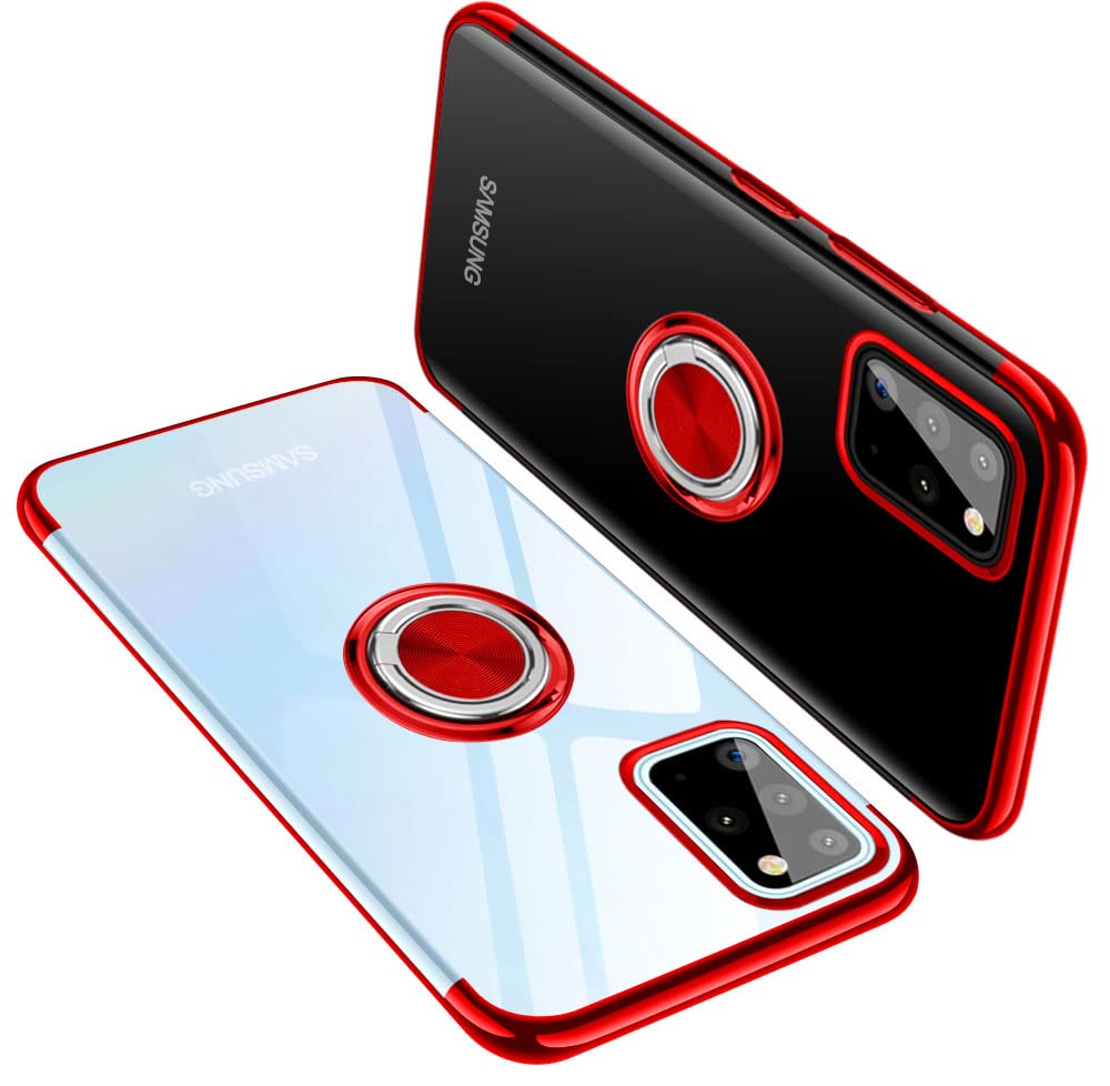 Samsung Galaxy S20 Case 6.2 Inch - Clear Flexible TPU Bumper Cover with Finger Ring Stand & Anti-Scratch Electroplated Frame | Protective Phone Case for Galaxy S20 (Red) | Perfect for Work, Travel & Everyday Use
