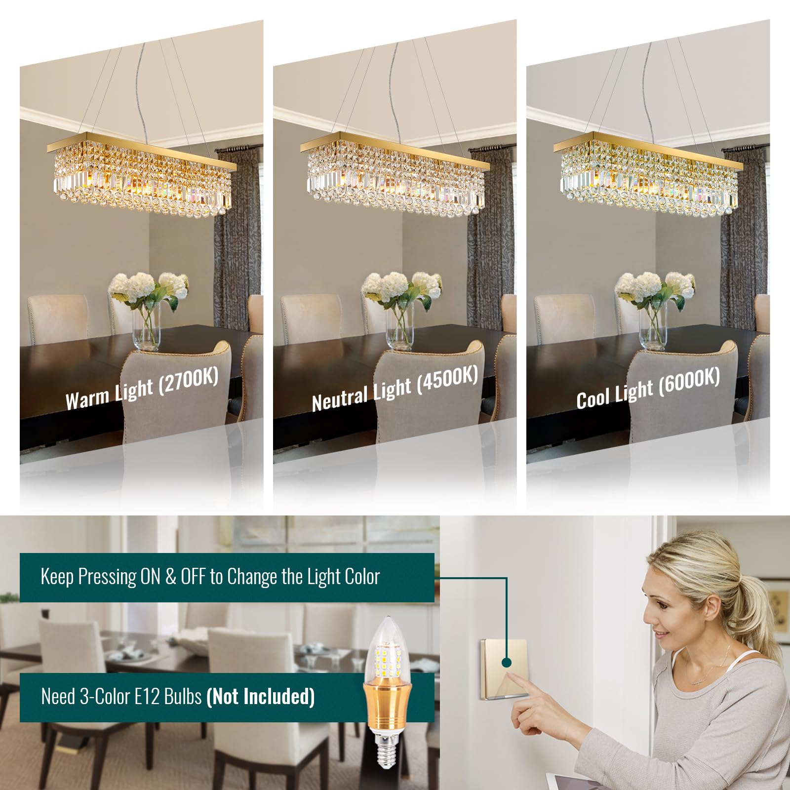 Siljoy 6-Light Modern Crystal Chandelier - Rectangular Gold K9 Crystal Raindrop Pendant Light for Dining Room, Living Room & Kitchen Island (31.5