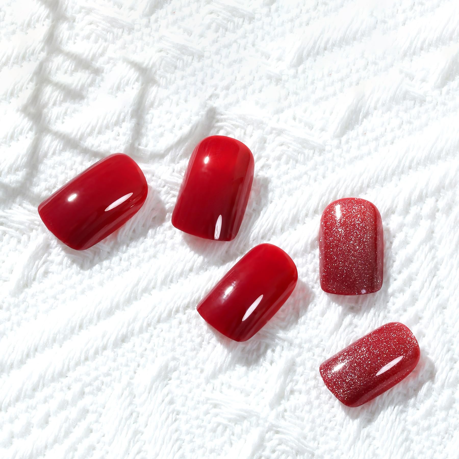 Short Square Press On Nails - 24Pcs Red Cat Eye Glossy Acrylic Fake Nails with Adhesive Tabs | Reusable & Trimmable Artificial Nails for Women & Girls | Perfect for Festivals, Parties & Daily Wear