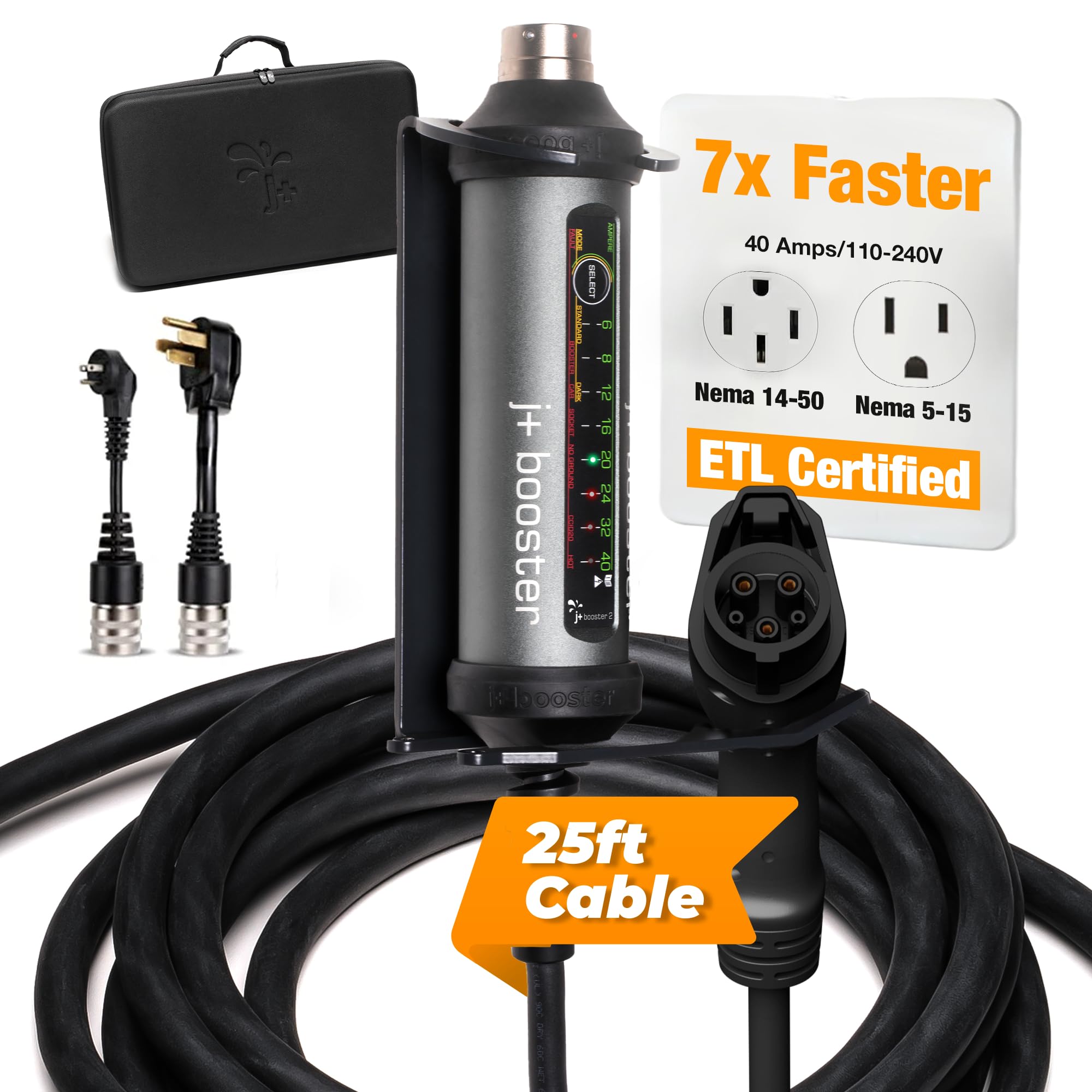 J+ Portable Level 2 EV Charger 40 Amp (J1772, 9.6KW) - 240V Electric Vehicle Charging Station with NEMA 14-50 & 5-15 Plugs - ETL Certified, IP67 Waterproof, 25ft Cable for Indoor/Outdoor Use - Perfect for Home, Office & Road Trip Charging
