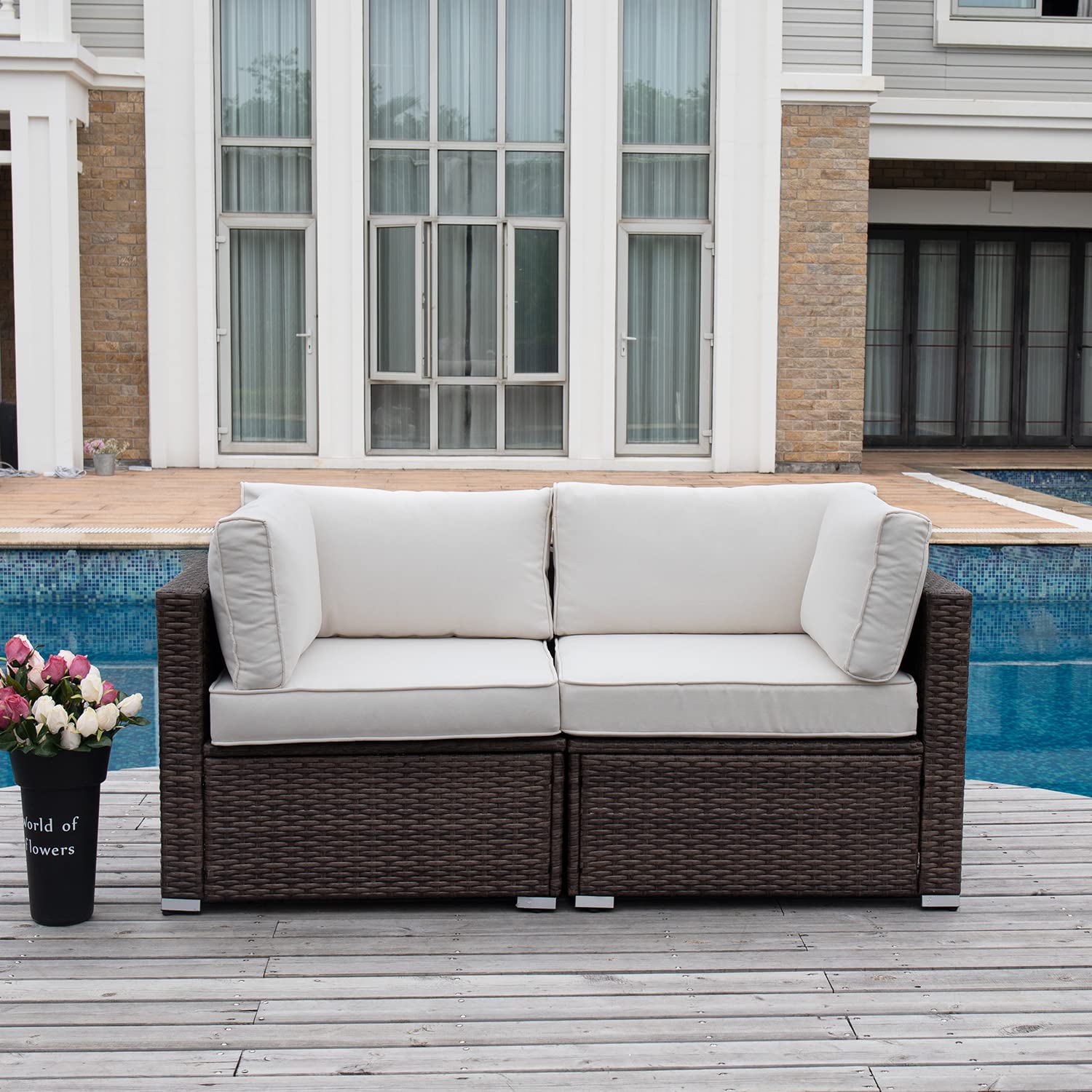 Coziest 2-Piece Outdoor Wicker Loveseat Sofa Set with Thick Off-White Cushions - Patio, Garden, Poolside & Backyard Furniture for Relaxing & Entertaining