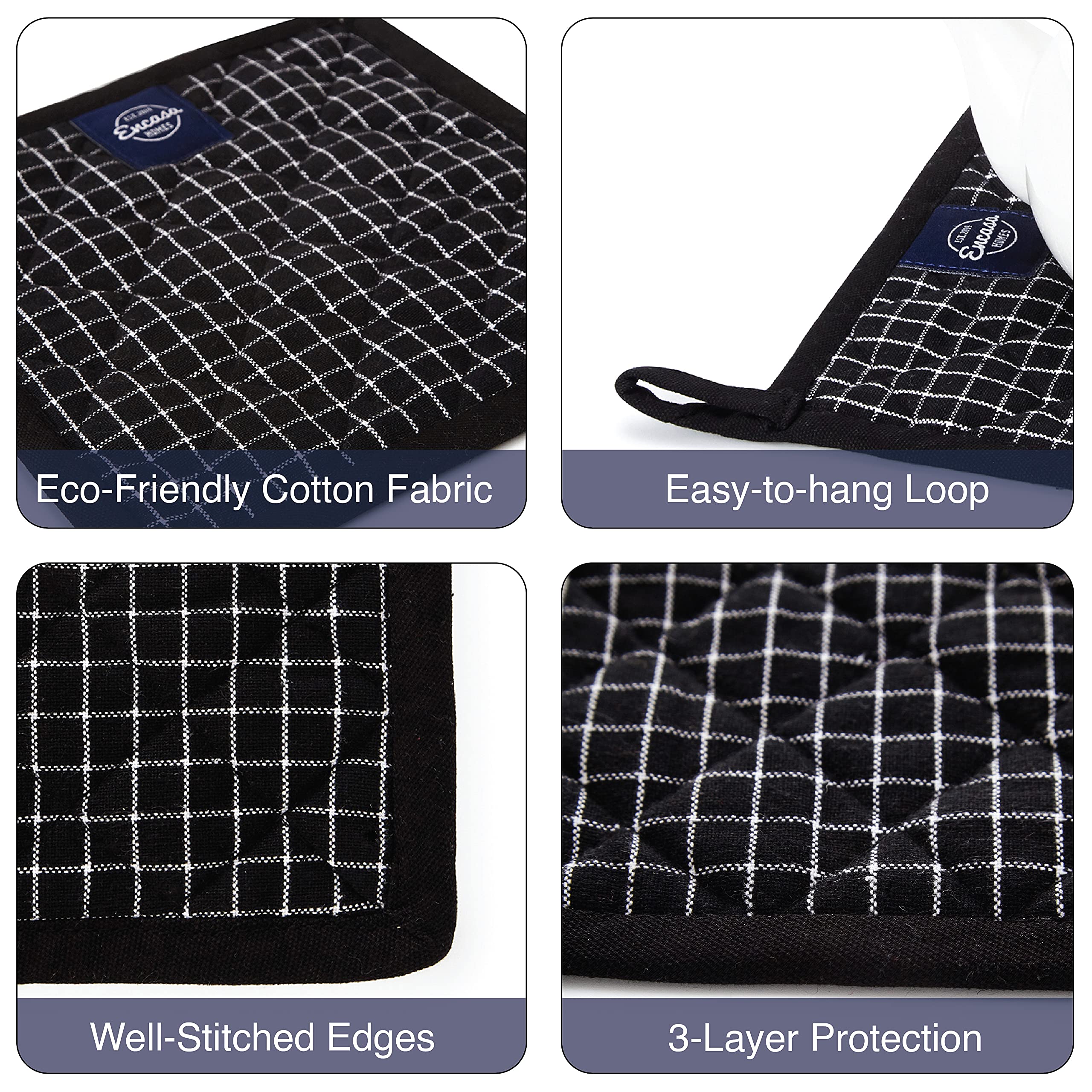 Encasa Homes 8 Inch Oven Microwave Potholders Set of 2 - Heat Resistant Kitchen Mitts for Cooking, Baking & Grilling - Thick & Safe Hand Protection from Hot Pans, Dishes & Utensils - Butcher Check Black Design for Modern Kitchens