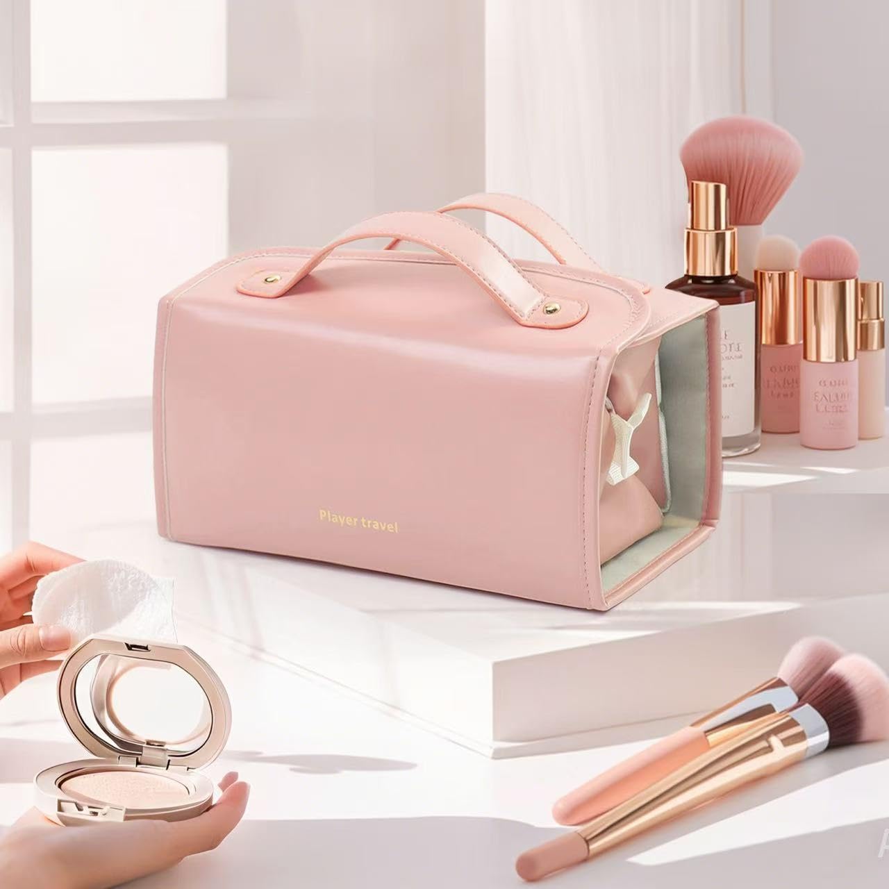 Portable 4-in-1 Foldable Leather Makeup Bag - Waterproof Travel Cosmetic Organizer with 4 Detachable Clear Compartments | Hanging Toiletry Bag for Women | Perfect for Travel, Gym, and Daily Makeup Storage
