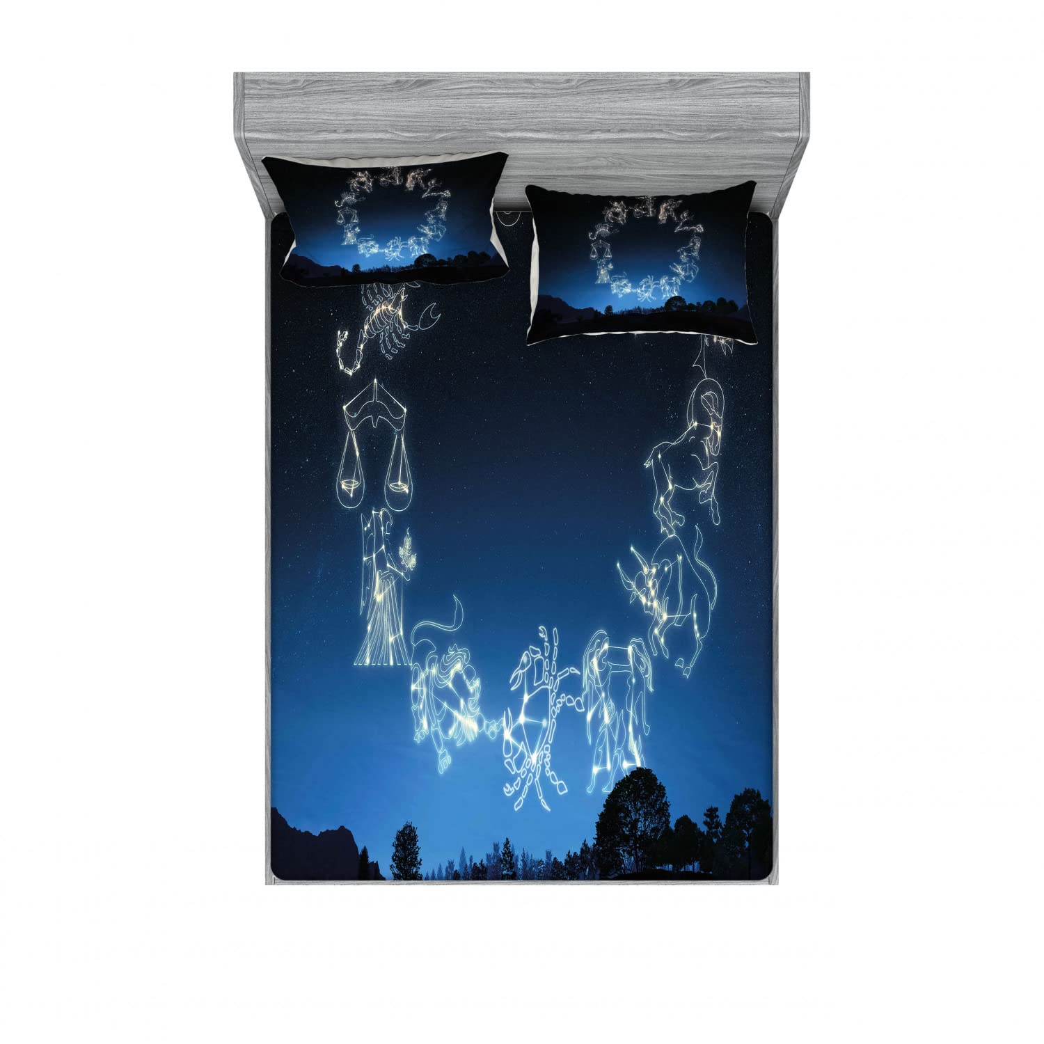 Ambesonne Astrology 2-Piece Queen Size Bedding Set - Zodiac Sign Fitted Sheet & Pillow Sham, Dark Blue & White Sketch Design, 4-PC Bedroom Decor for Comfortable Sleep | Perfect for Astrology Lovers, Guest Rooms & Cozy Nights
