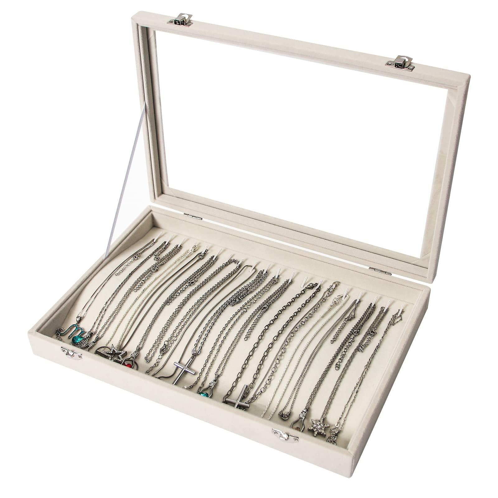 20 Hooks Necklace Organizer Holder - Jewelry Storage Display Case Box in Beige | Perfect for Closet, Bedroom & Travel Jewelry Organization