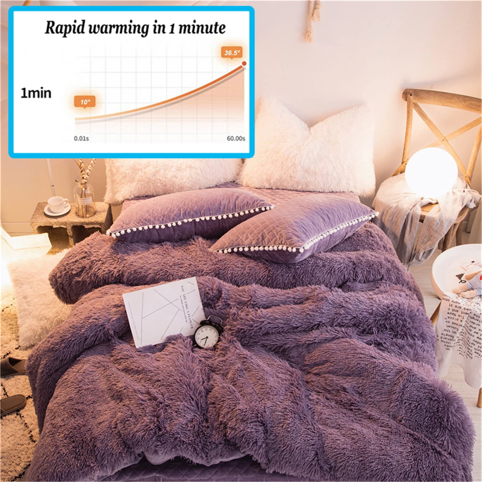 Luxury Fluffy Faux Fur Duvet Cover Set - Super Soft Plush Shaggy Comforter Cover with Pom Pom Fringe (1 Duvet Cover + 2 Pillow Shams) - Double Size 7ft/1.2m Bed - Warm & Cozy Winter Bedding for Master Bedroom, Guest Room & Dorm Decor
