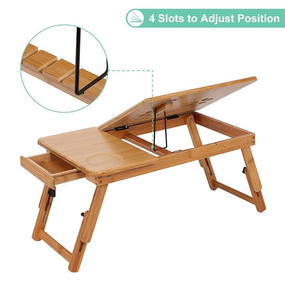Adjustable Bamboo Laptop Desk with Drawer - Portable Bed Tray Stand for Home Office & Dorm - Perfect for Working, Studying, Drawing & Eating in Bed or on Sofa