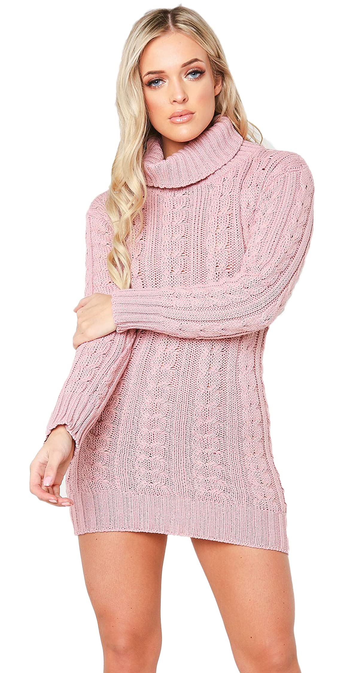 Women's High Polo Neck Chunky Cable Knit Jumper Mini Tunic Dress Top | Warm Winter Casual Wear for Office & Outings | Sizes 8-18