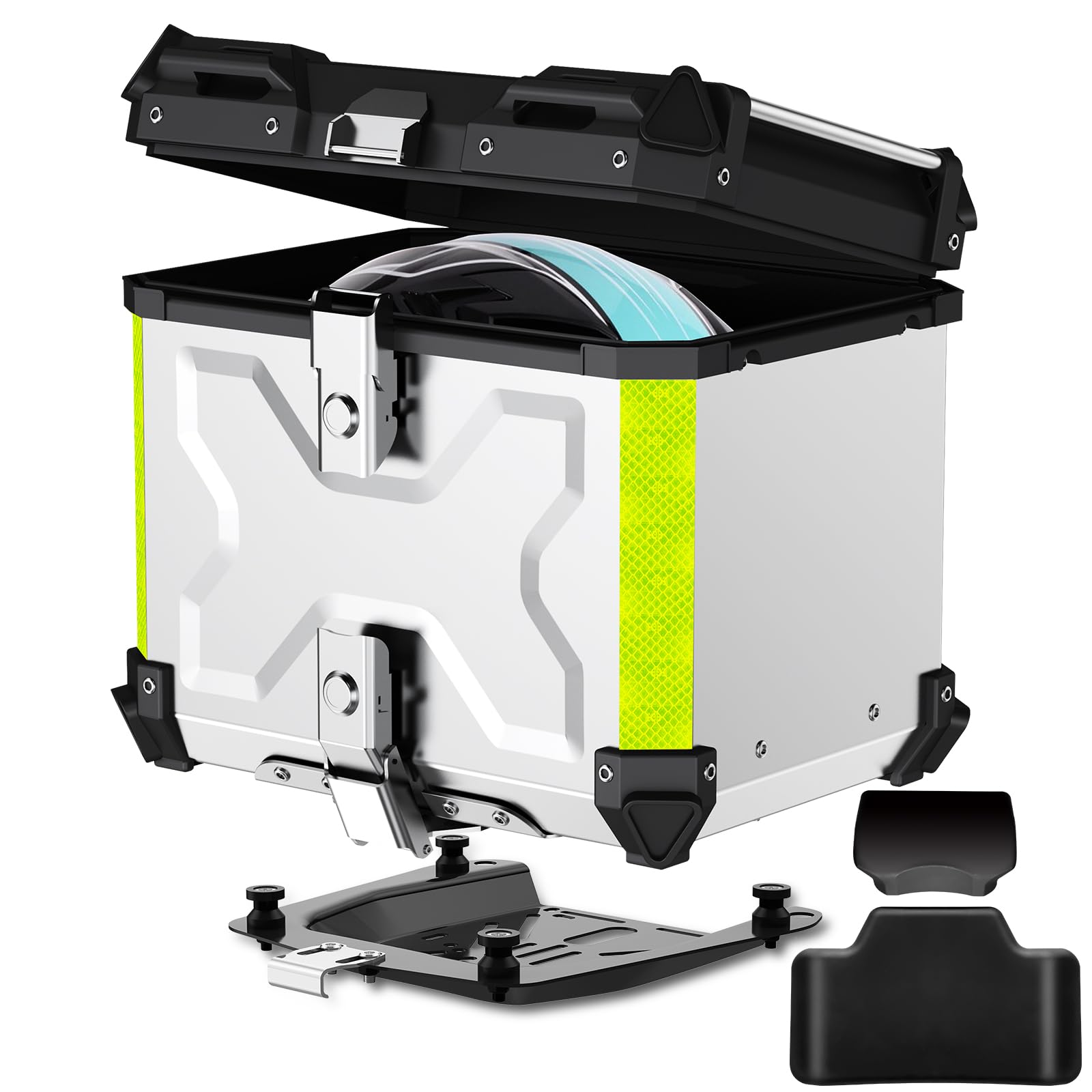 Heavy Duty Aluminum Motorcycle Top Case - Universal Waterproof Motorbike Tail Box Trunk with Security Lock for Helmet & Luggage Storage | Back Cushion Included | Perfect for Touring, Commuting & Long-Distance Riding
