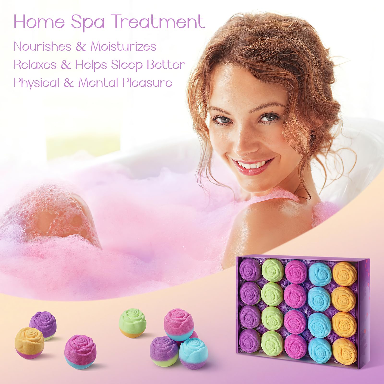 20 Pcs Handmade Rose Bath Bombs with Natural Essential Oils - Relaxing Home Spa Fizzies for Women, Bubble Bath Gift Set for Mom, Wife, Birthday & Self Care - Perfect for Stress Relief & Romantic Soaks